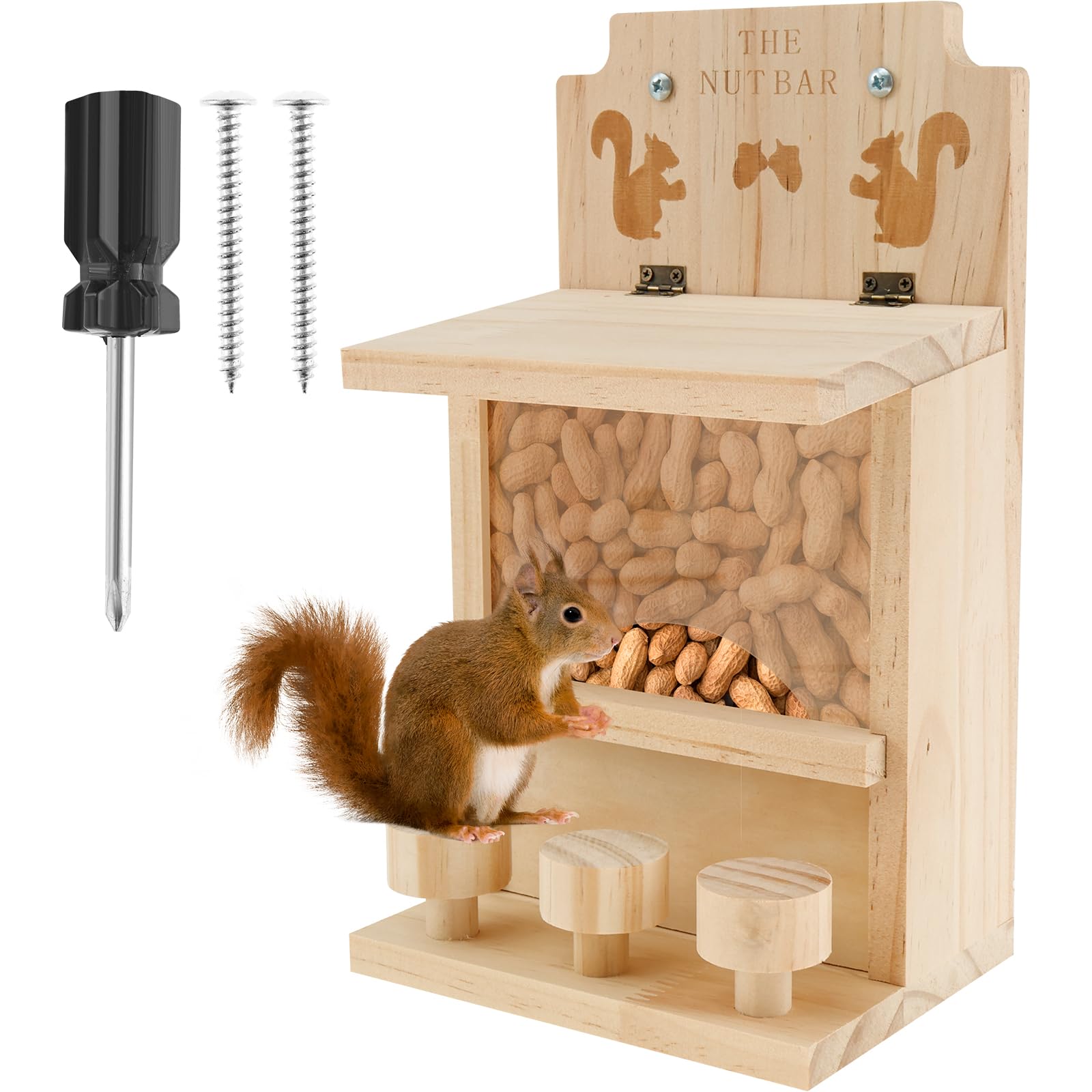 Wooden Squirrel Feeder, Large Capacity Squirrel Feeders for Outside Cute Chipmunk Feeding House