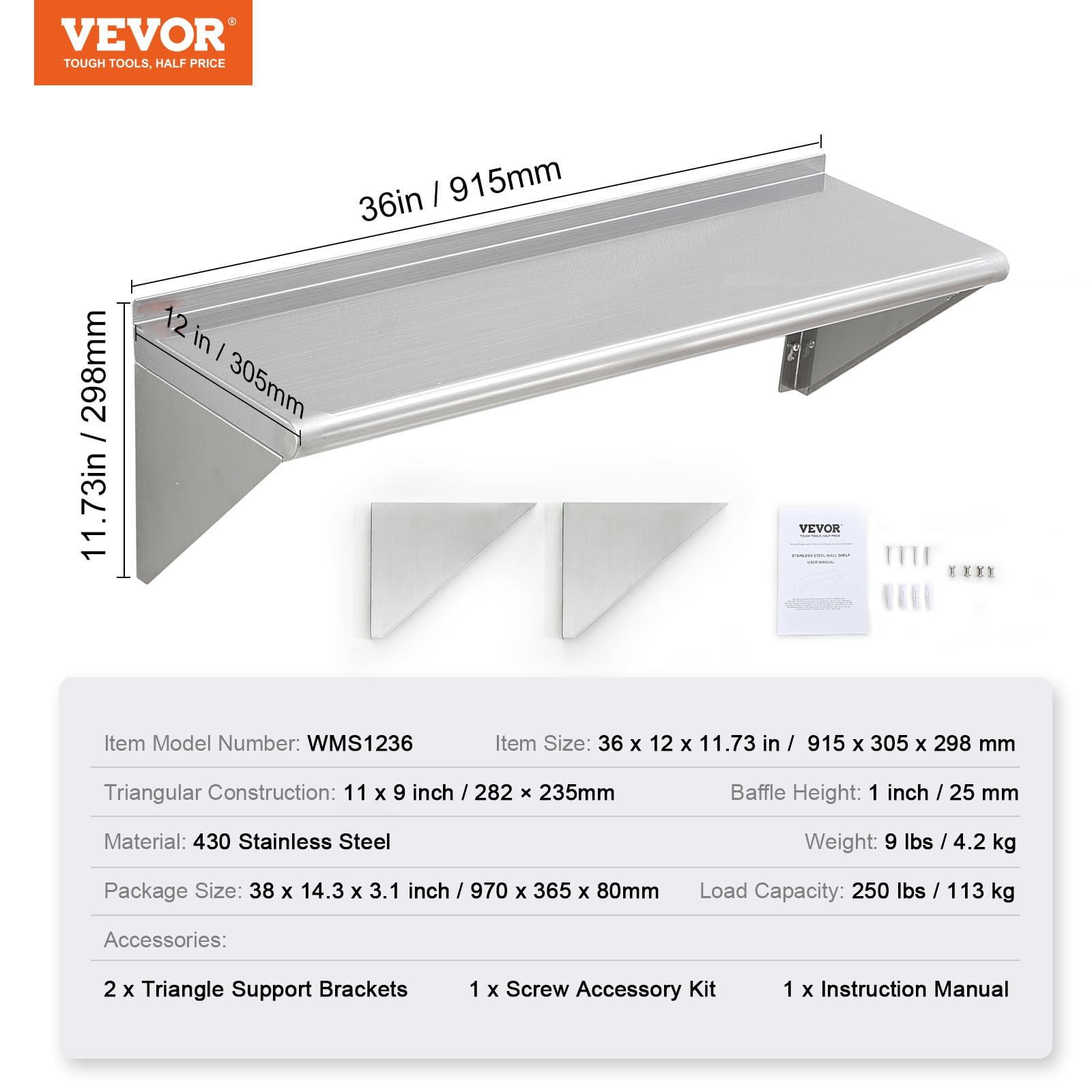 VEVOR Mensola da Parete in Acciaio Inox 915 x 305 x 63 mm Scaffale Murale per Cucina Bagno Soggiorno Capacità Carico Max. 113kg, Mensola da Parete Portaoggetti Portaspezie in Acciaio Inox per Cucina