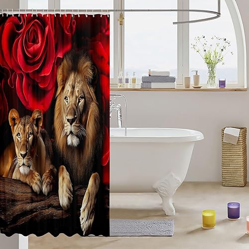 Miniatura 3 de Erosebridal Cortina de ducha para decoración de baño, con estampado de leones y rosas, para niños, adolescentes, niños, niñas, habitación del hogar