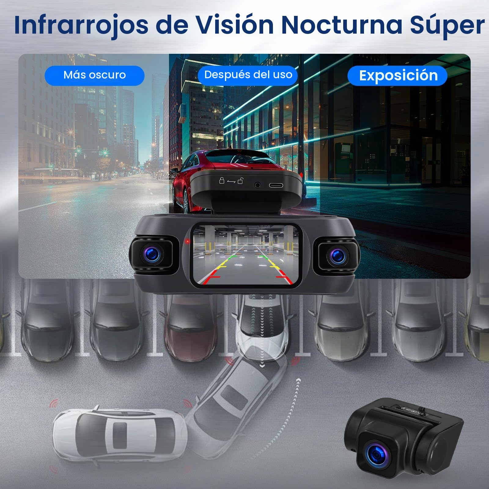 Hodozzy 4K Cámara de Salpicadero Delantera y Trasera de 360° con 4 Cámaras con 5GHz WiFi, Visión Nocturna IR, Ayuda Inversa, Grabación en Bucle, Sensor G，Control de la App,Posicionamiento GPS DASHCAM