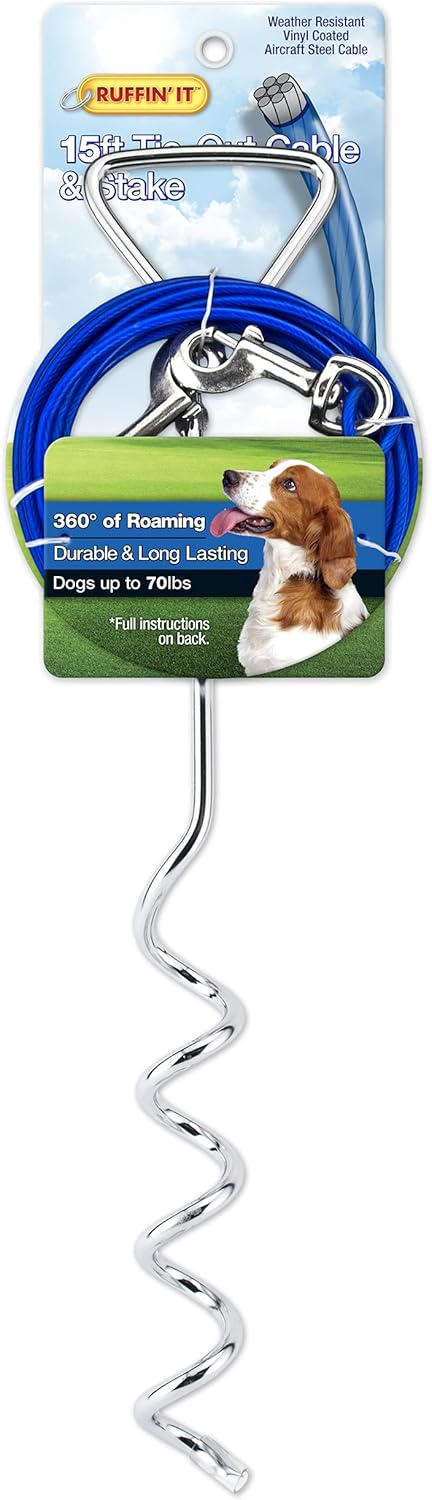 Ruffin'It 15 ft. Corkscrew Stake & Cable Tie Out for Dogs, Up to 70 lbs.