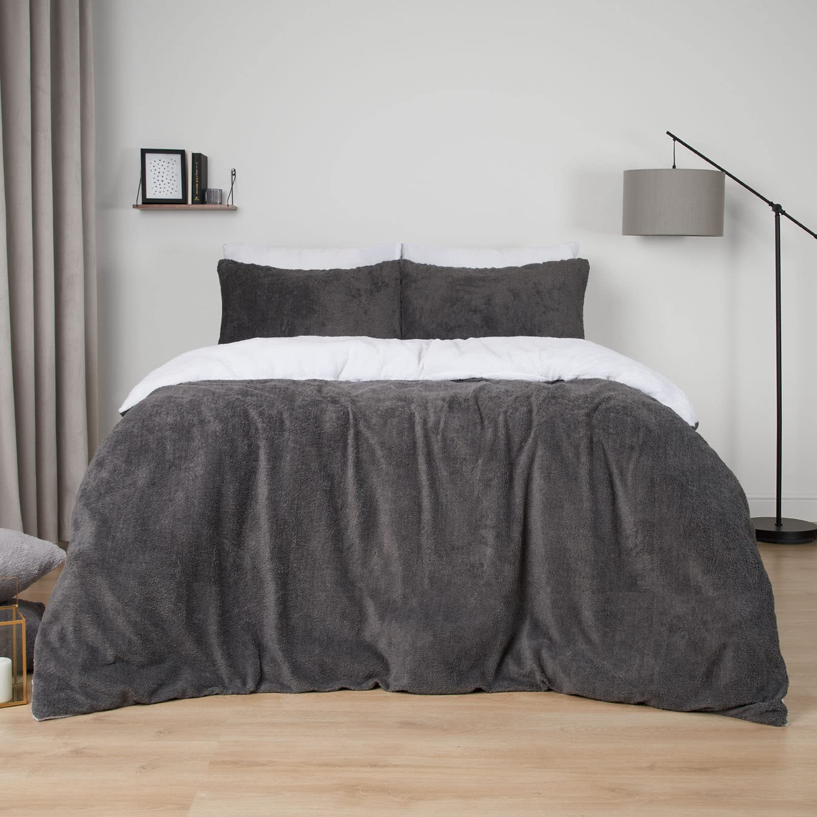 OHS Teddy Fleece Duvet Cover Set - Single - Grey