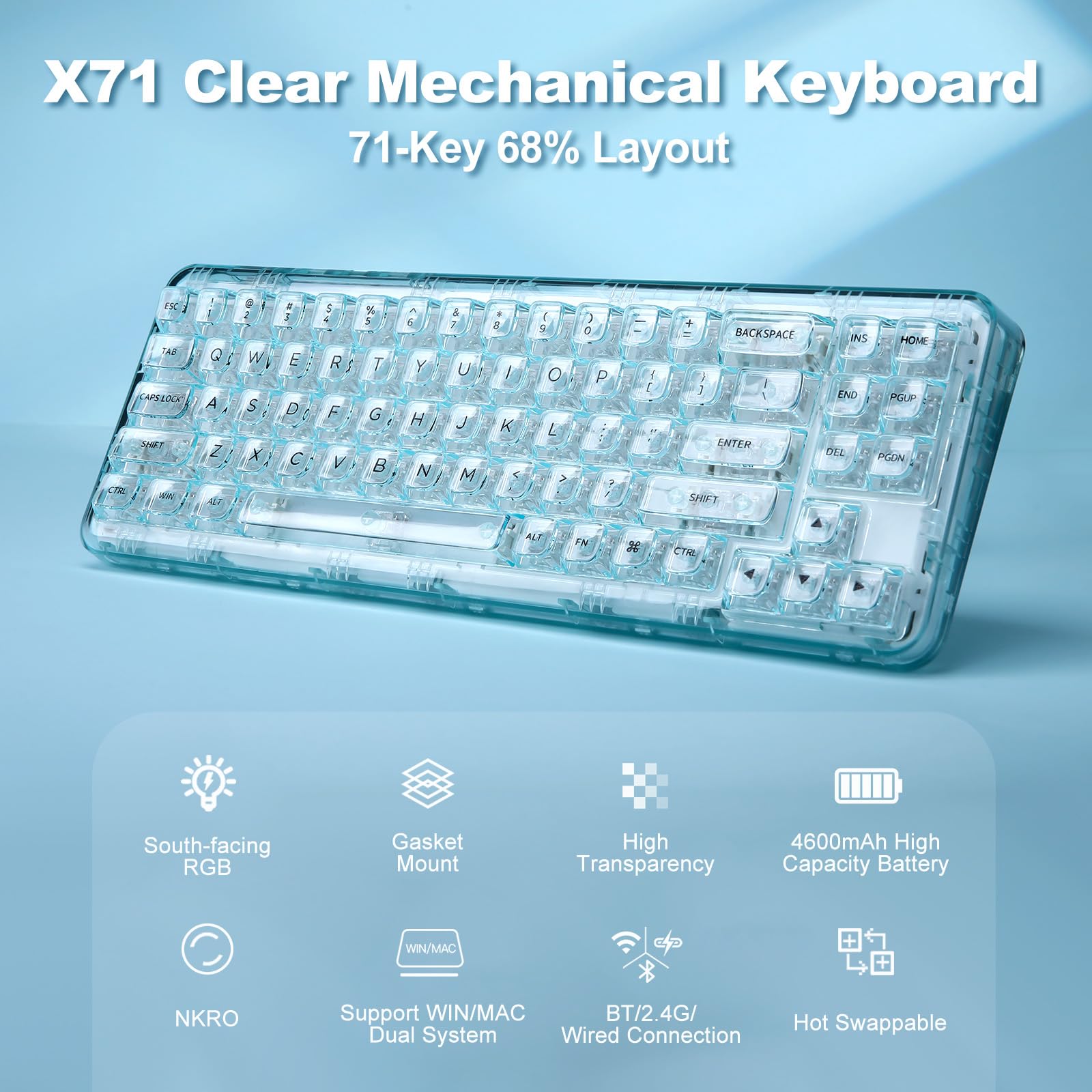 Amazon.com: YUNZII X71 Transparent Mechanical Keyboard(Crystal Ice