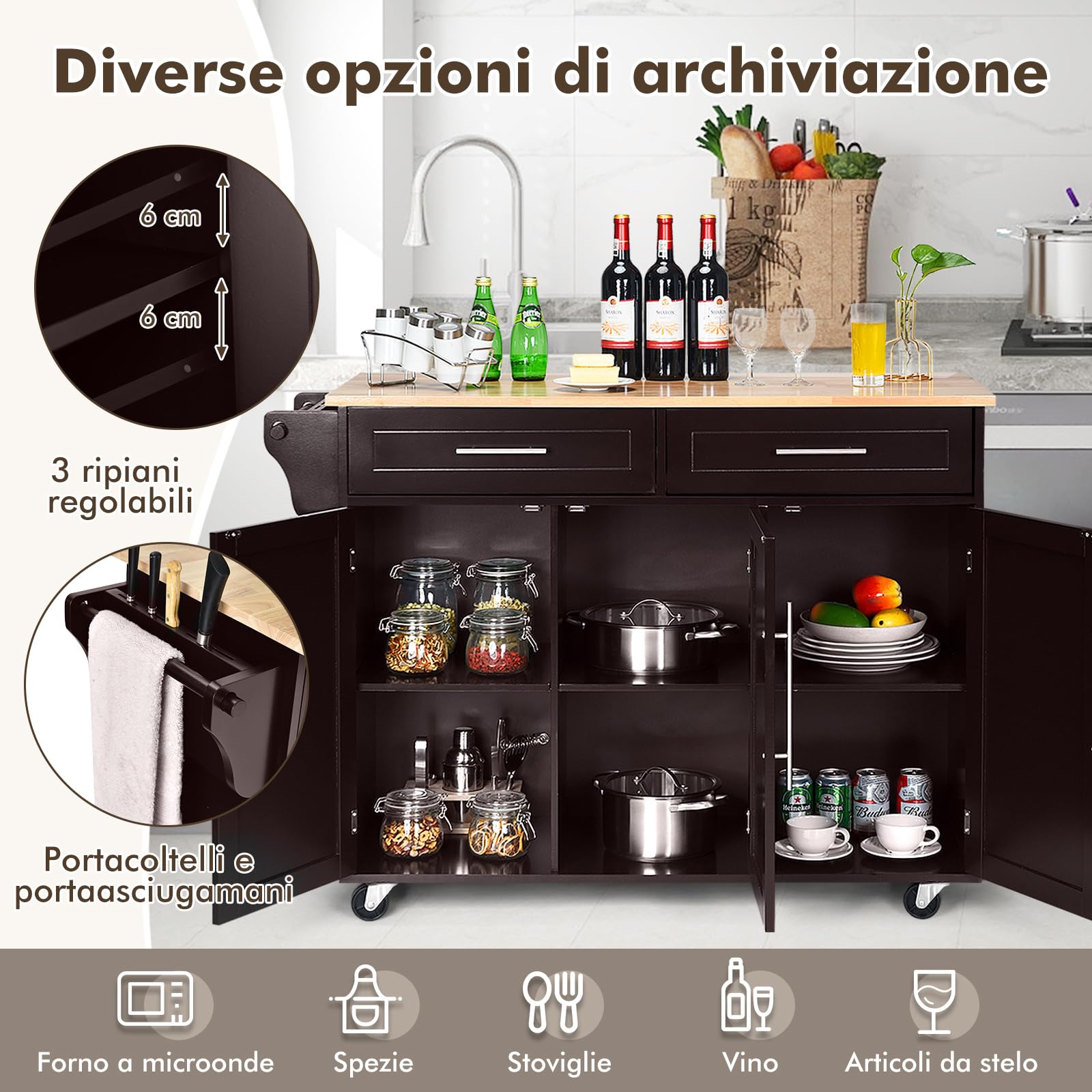 COSTWAY Carrello da Cucina, Carrello di Servizio con Ruote e Maniglia, 3 Ante e 2 Cassetti, Ideale per Cucina Ristorante Bar, 122x46x92,3 cm (Marrone)