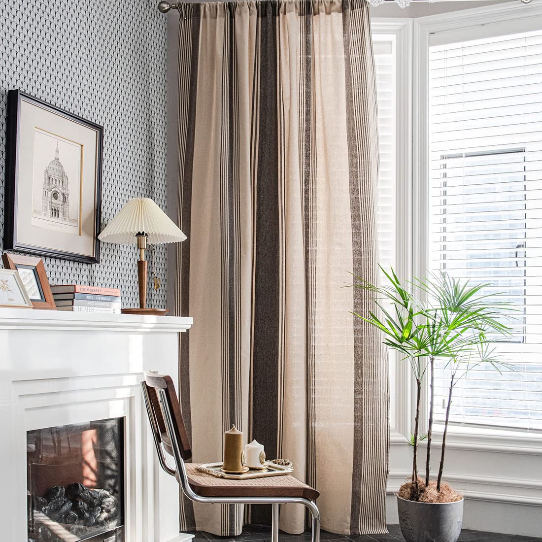 vctops Striped Cotton Linen Window Curtains Farmhouse Country Style Room Darkening Rod Pocket Curtain Panel for Bedroom Living Room, 1 Piece (Coffee,59"x87")