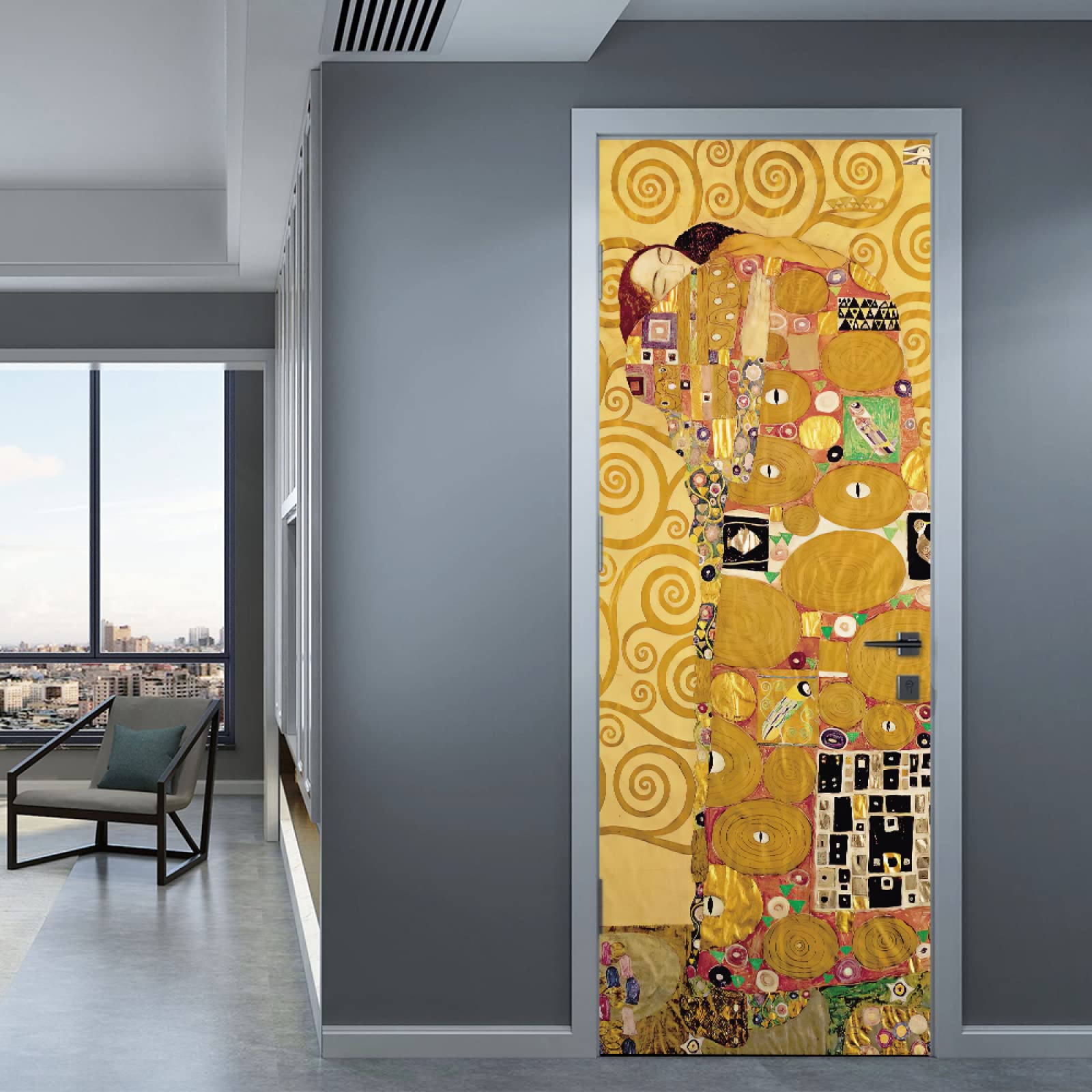 Mural na drzwi 77 x 200 cm Klimt Kiss naklejki na drzwi usuwalne wodoodporne DIY samoprzylepne naklejki artystyczne PCW, naklejka na drzwi do wystroju pokoju