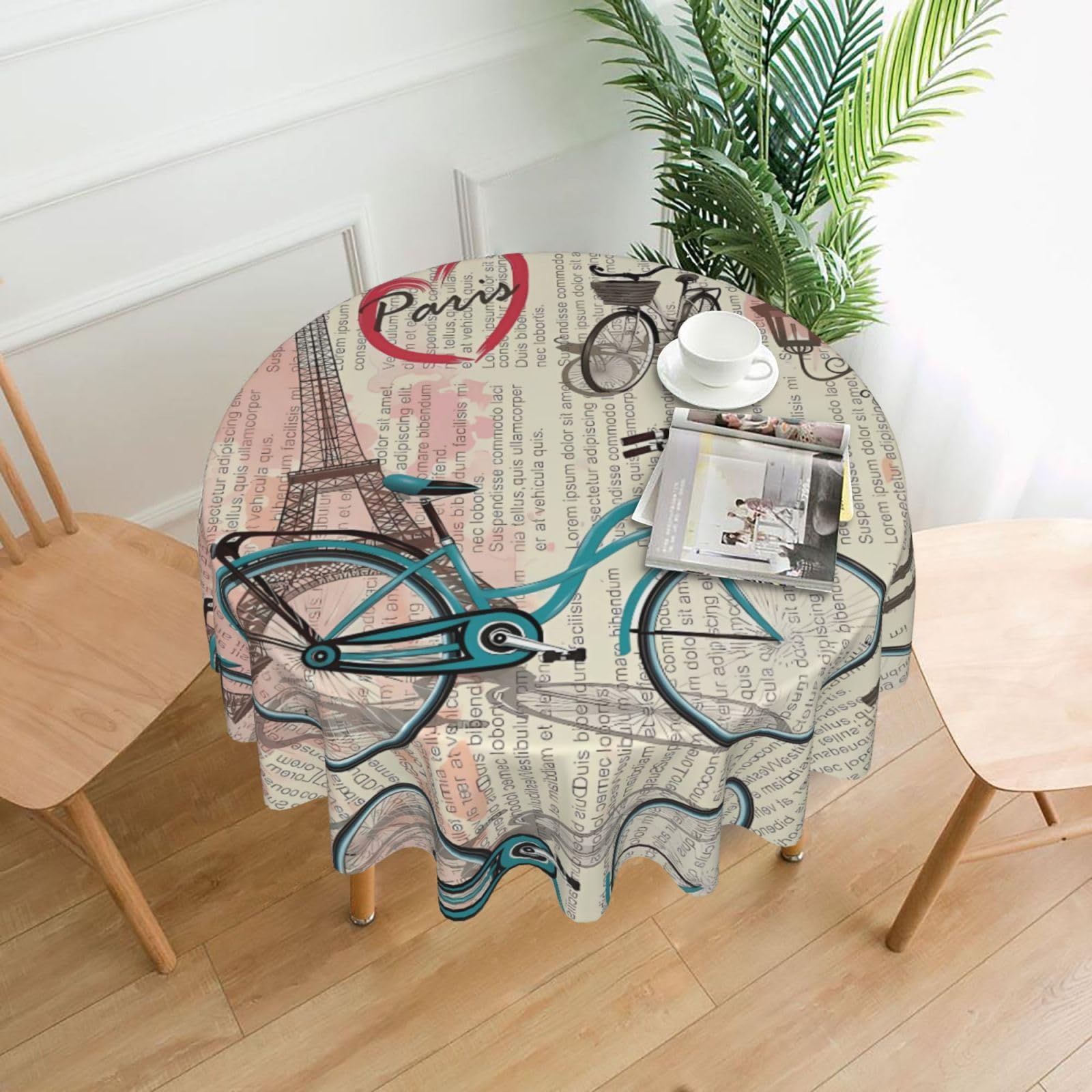 WHJSSF Eiffel Tower Bike Prints Round Decorative Tablecloth 60in - Elevate Your Dining Experience with a Stylish & Protective Table Throw