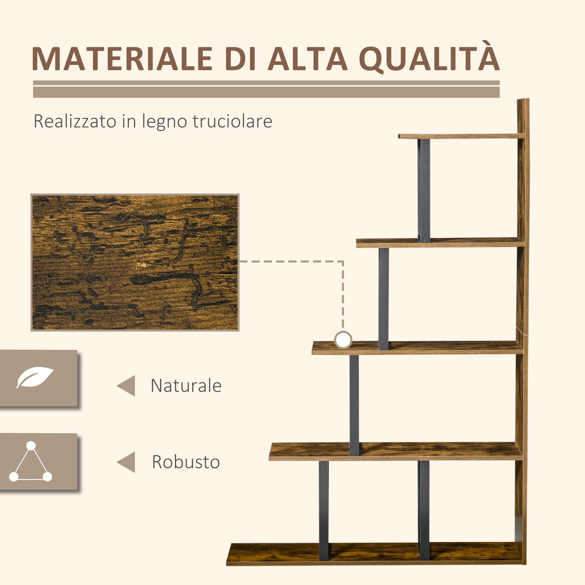 HOMCOM Libreria Antiribaltamento Stile Industriale, Scaffale Vintage con 5 Ripiani in Truciolato, 102x30x160cm