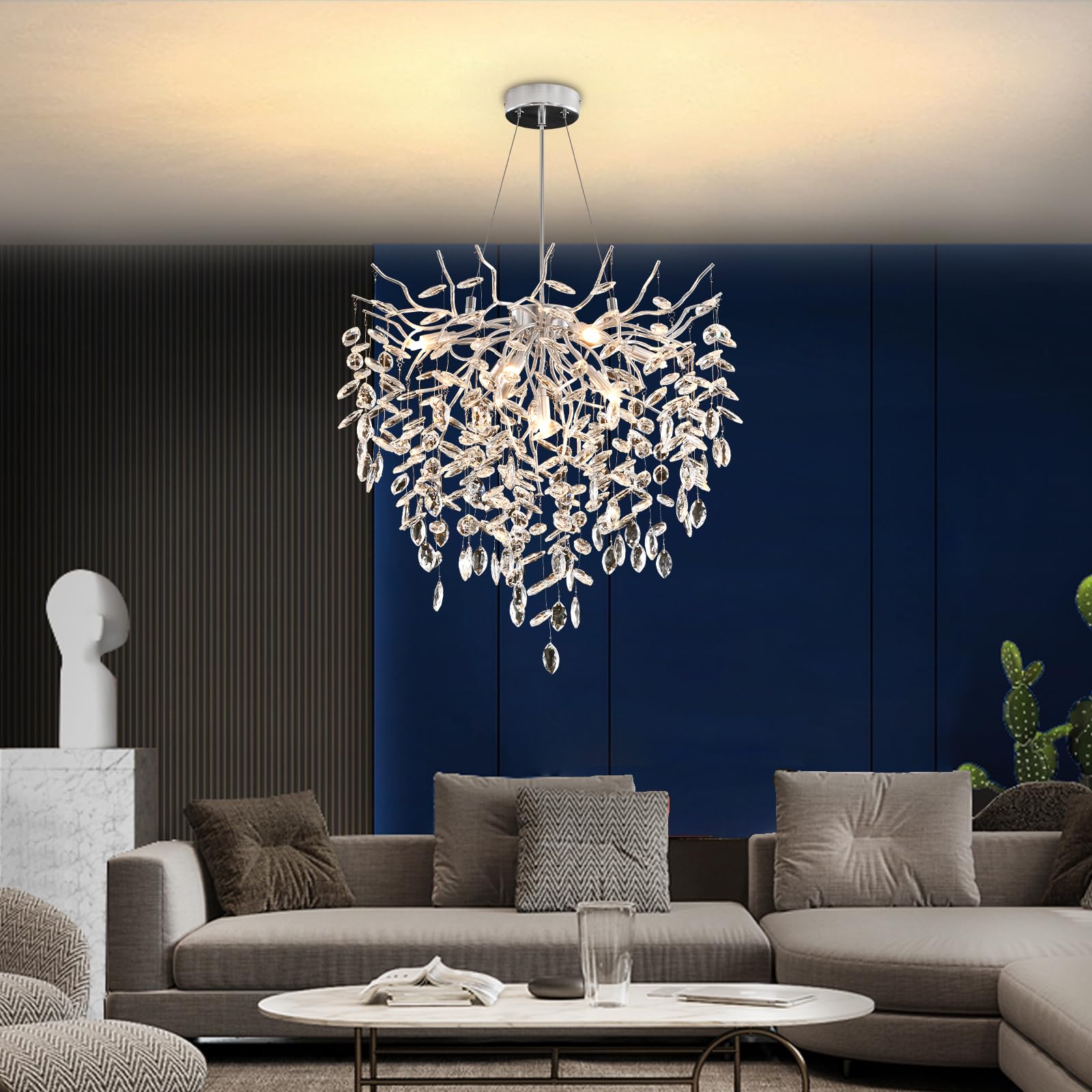 Lusso Lampadario di Cristallo, Argento Lampada a Sospensione di Cristallo a Forma di Ramo d'albero, Lampadario al Cristallo Luce per Sala da Pranzo, Soggiorno, Camera da Letto
