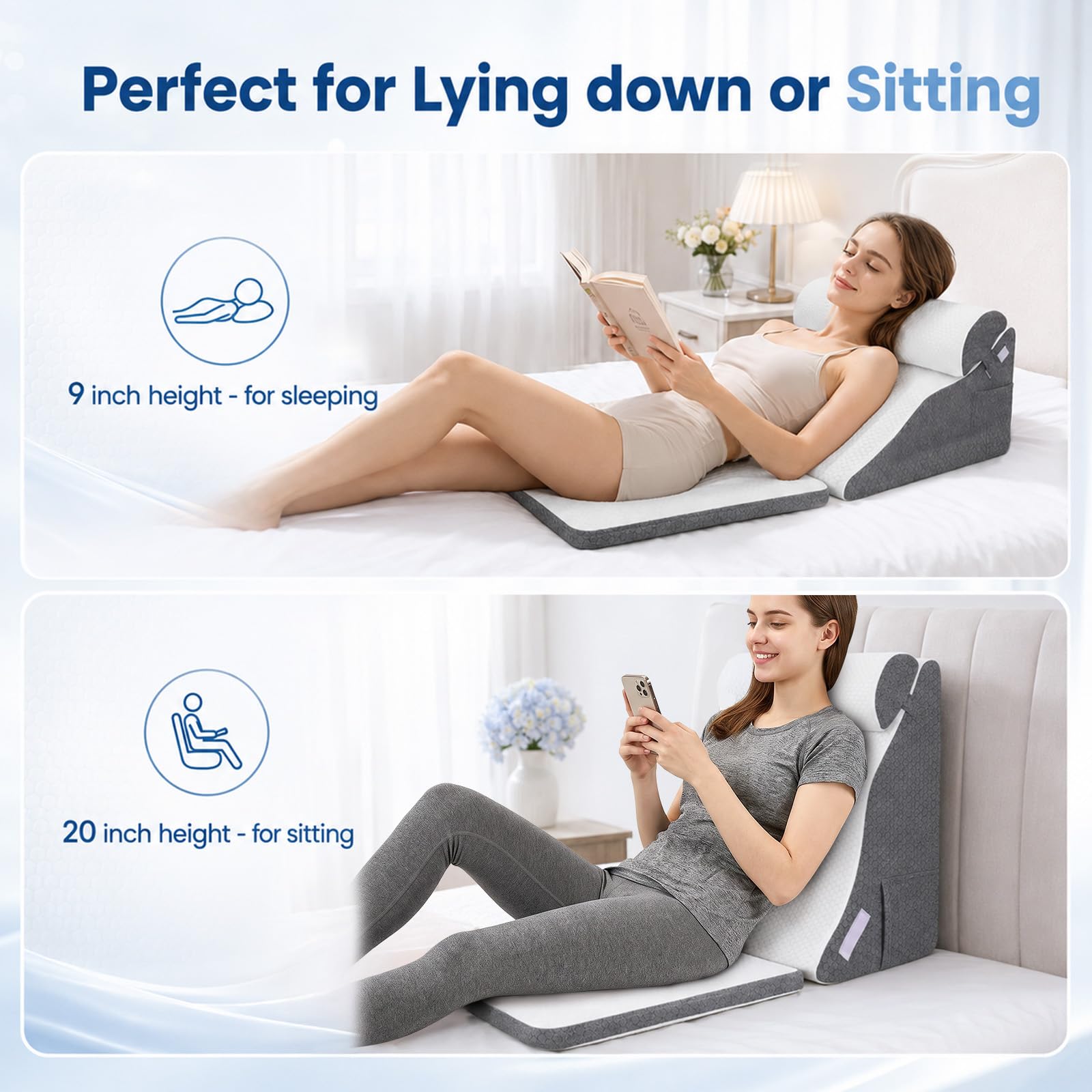 Cuscino a cuneo a forma di curva, ergonomico ortopedico per letto e divano, cuscino a cuneo regolabile, in schiuma ad alta densità, cuscino da lettura per sollevare le gambe, perfetto cuscino per la
