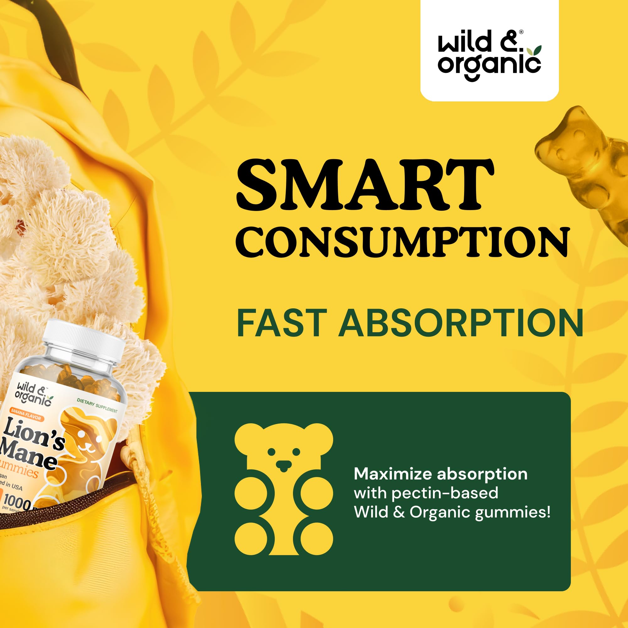 Wild & Organic Lions Mane Mushroom Gummies 1000mg - Natural Lion's Mane Mushroom Supplement Gummies - 60 Chews for Focus and Brain Energy Support - Vegan, Non-GMO