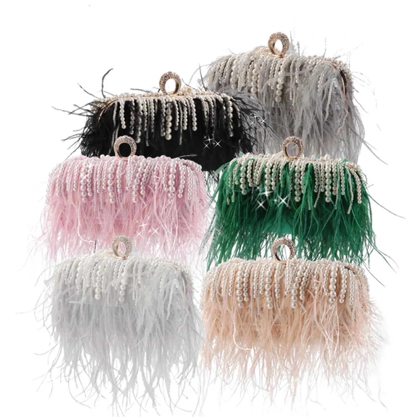 Borsa Piume Borsa a mano con piume di perle, borse da sera donna, borsa anello, pochette cena, festa, a tracolla per festa