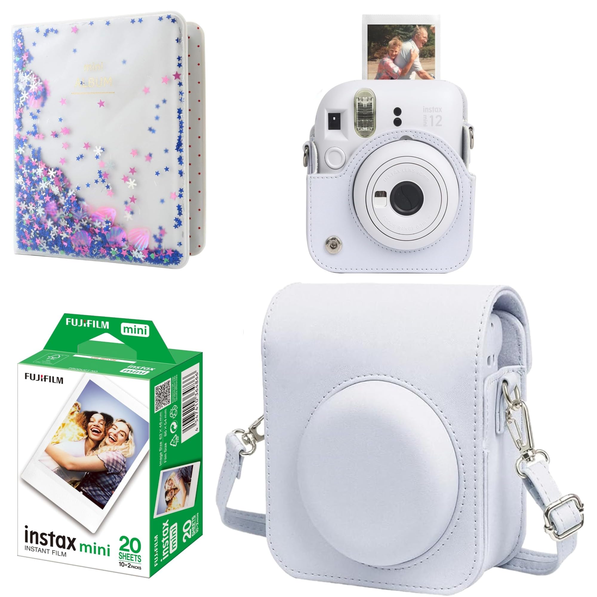 Kit de iniciación de cámara Mini 12 para Fuji Instax, incluye 20 fotos de película instantánea y funda de piel sintética a juego
