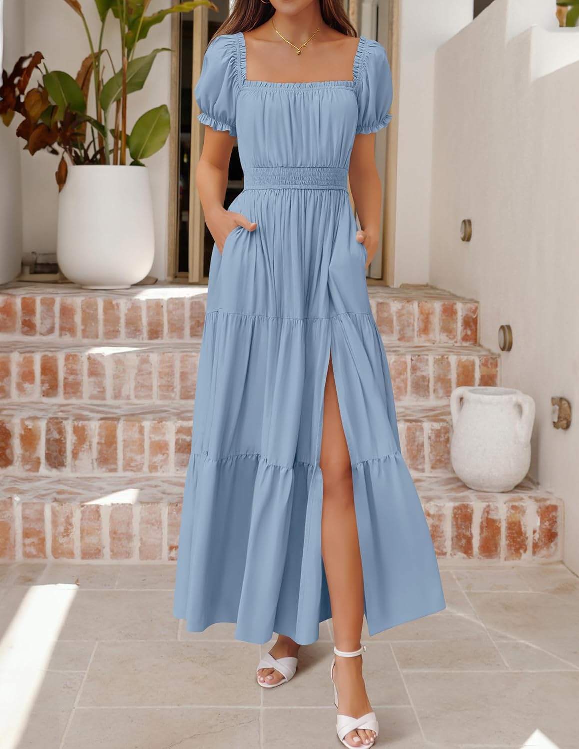 ZESICA Women's 2026 Boho Sexy Off Shoulder Short Sleeve Smocked Side Split Flowy A Line Tiered Long Maxi Dress with Pockets - Image 4