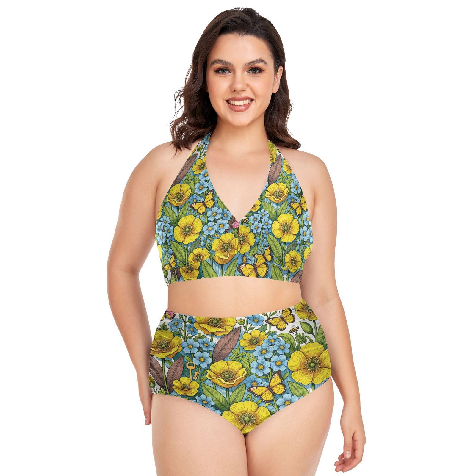FRODOTGV Costumi da bagno donna taglie forti L-4XL | 92% poliestere 8% spandex tessuto elastico spallacci regolabili per viaggi tropicali e attività acquatiche fiore giallo