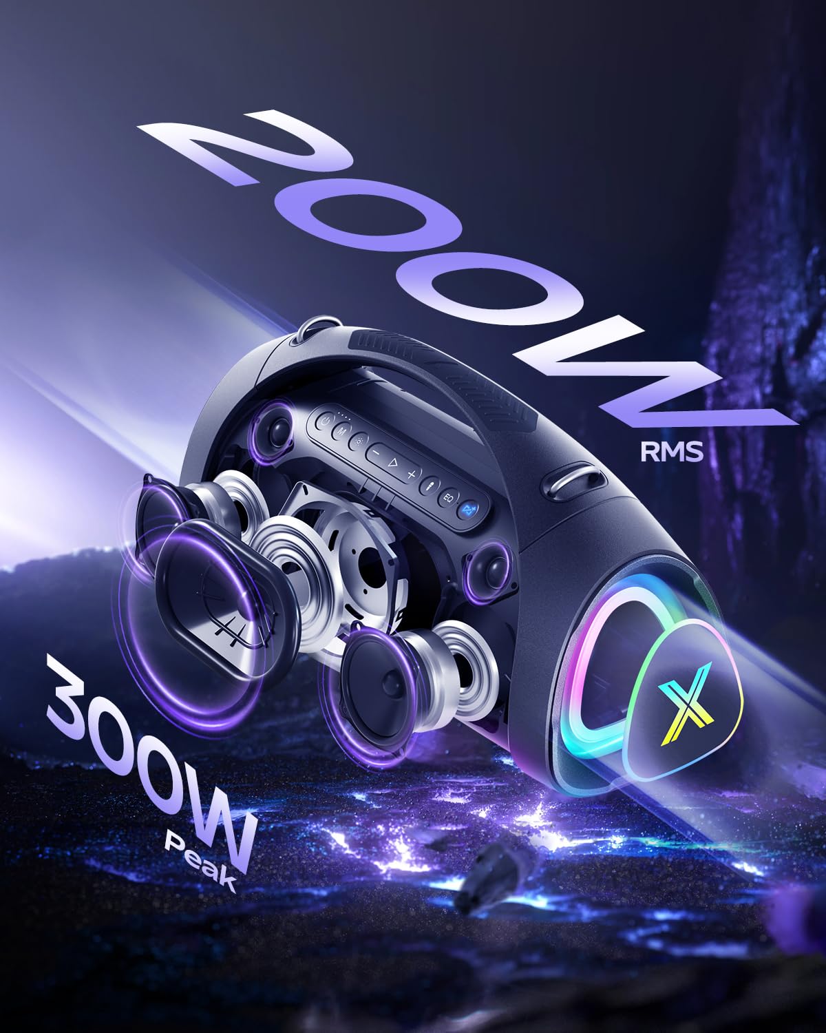 YEAHBOX Sonic Boom Max K, 200W RMS / 300W Peak Bluetooth-Lautsprecher, TriFonic Pro True 3-Wege-HiFi, PulseBass X Oval-Woofer, (Dual kabellose Mikrofone + Fernbedienung mit Reverb), Smart App EQ