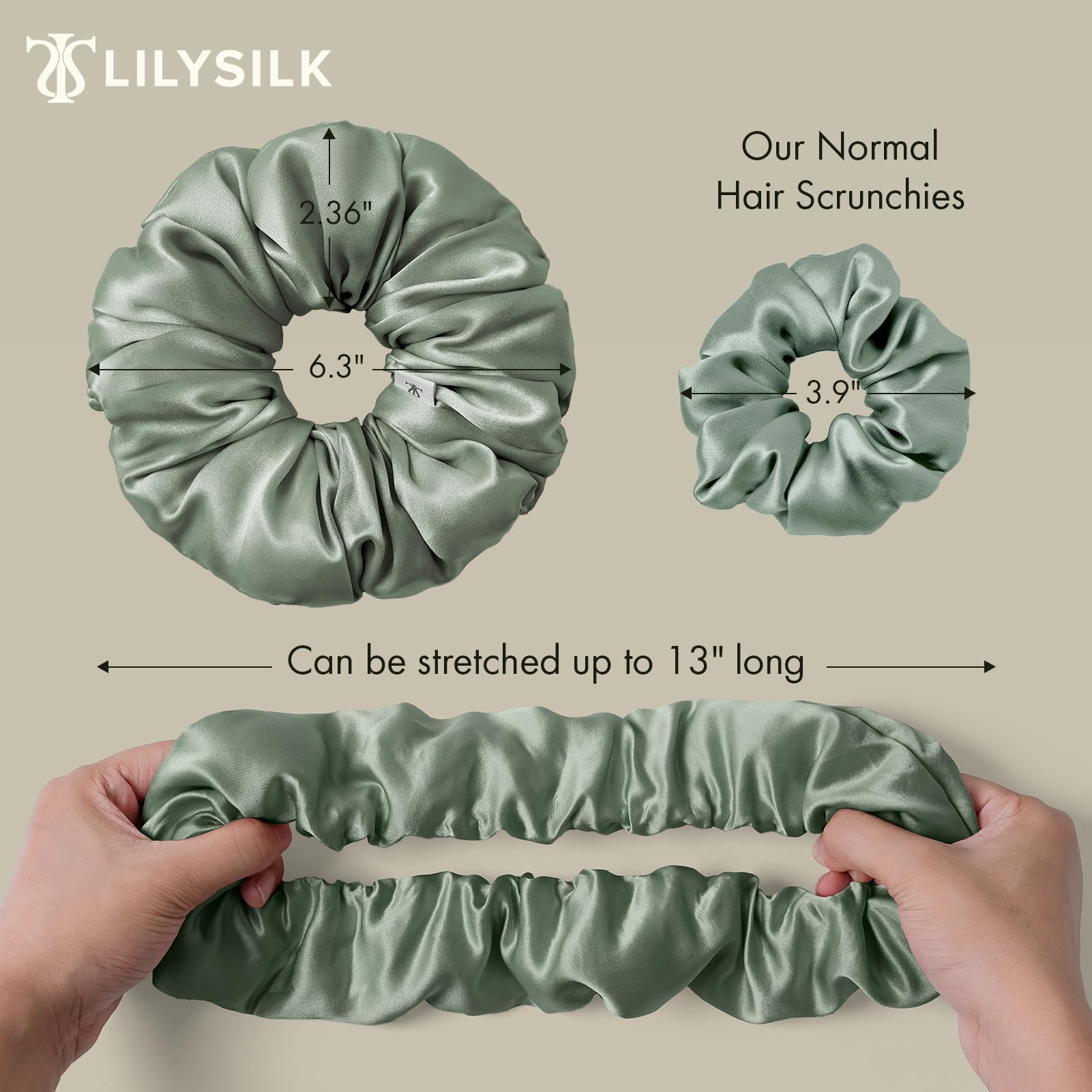 LILYSILK Women's 100% Mulberry Silk Big Hair Scrunchies Ladies Pure Silk Filled Giant XL Ponytail Holder Oversized Elastic Hair Tie Band Large Jumbo Hair Bobble for Breakage Prevention(Avocado Green) - Image 2