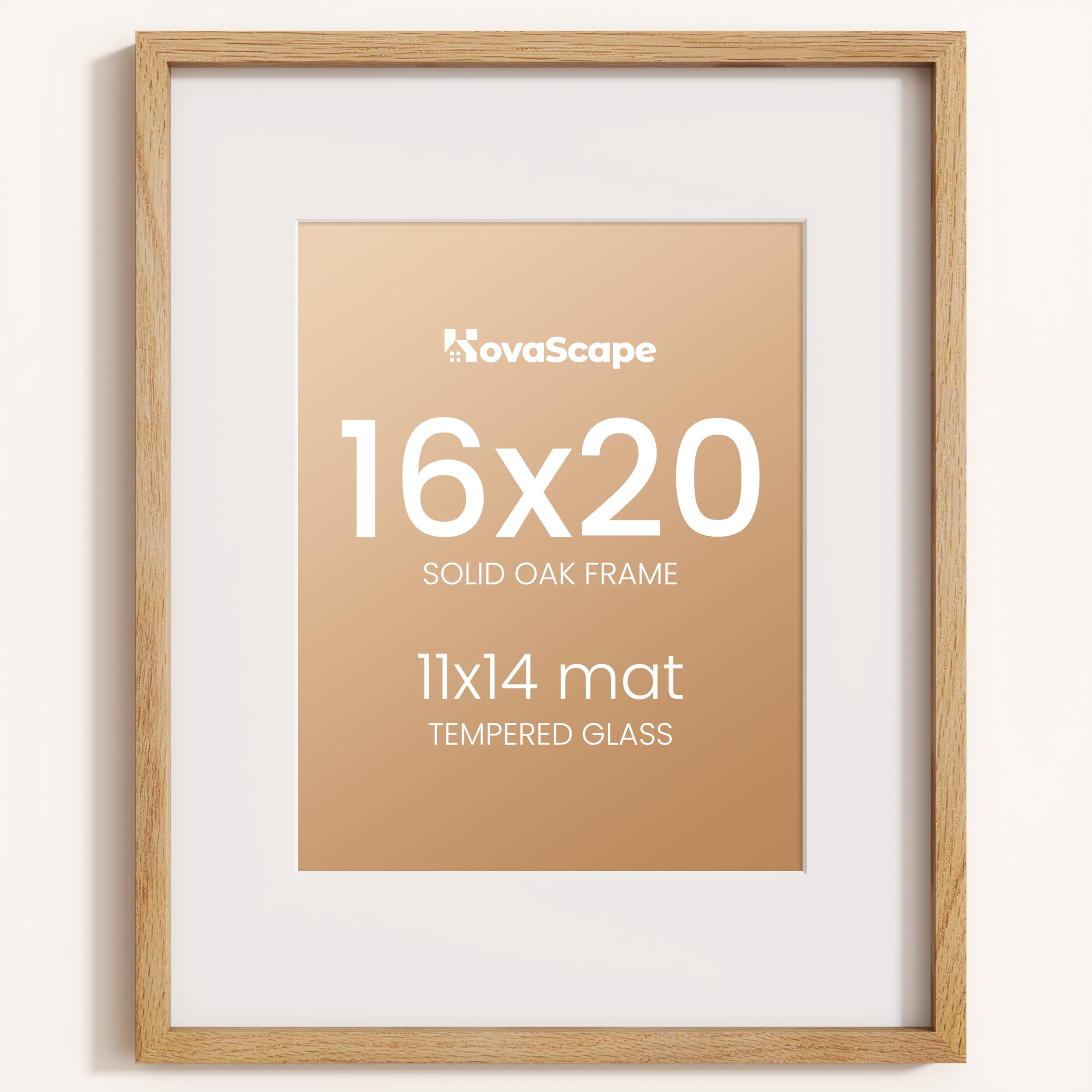 KovaScape 16x20 Photo Frame, Natural Solid Oak Wood Picture Frame with HD Tempered Glass, Modern Minimalist Wooden Frame Matted for 11x14 Photos, Versatile Wall Hanging & Tabletop Display
