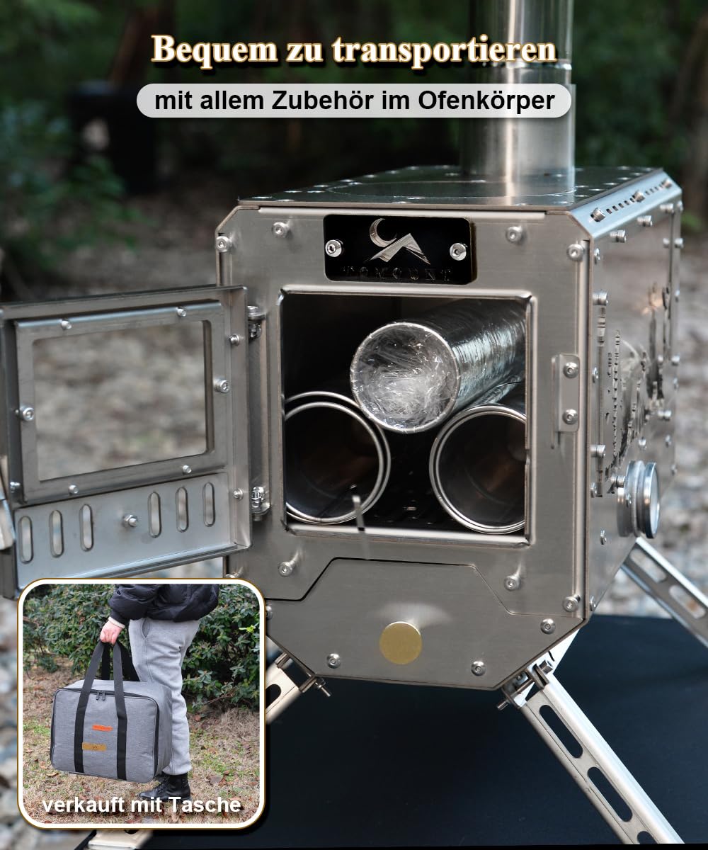 TOMOUNT Zeltofen Tragbar Edelstahl Campingherde Holzofen mit Schornstein, Holzkocher für Zelte, Unterkünfte und Camping