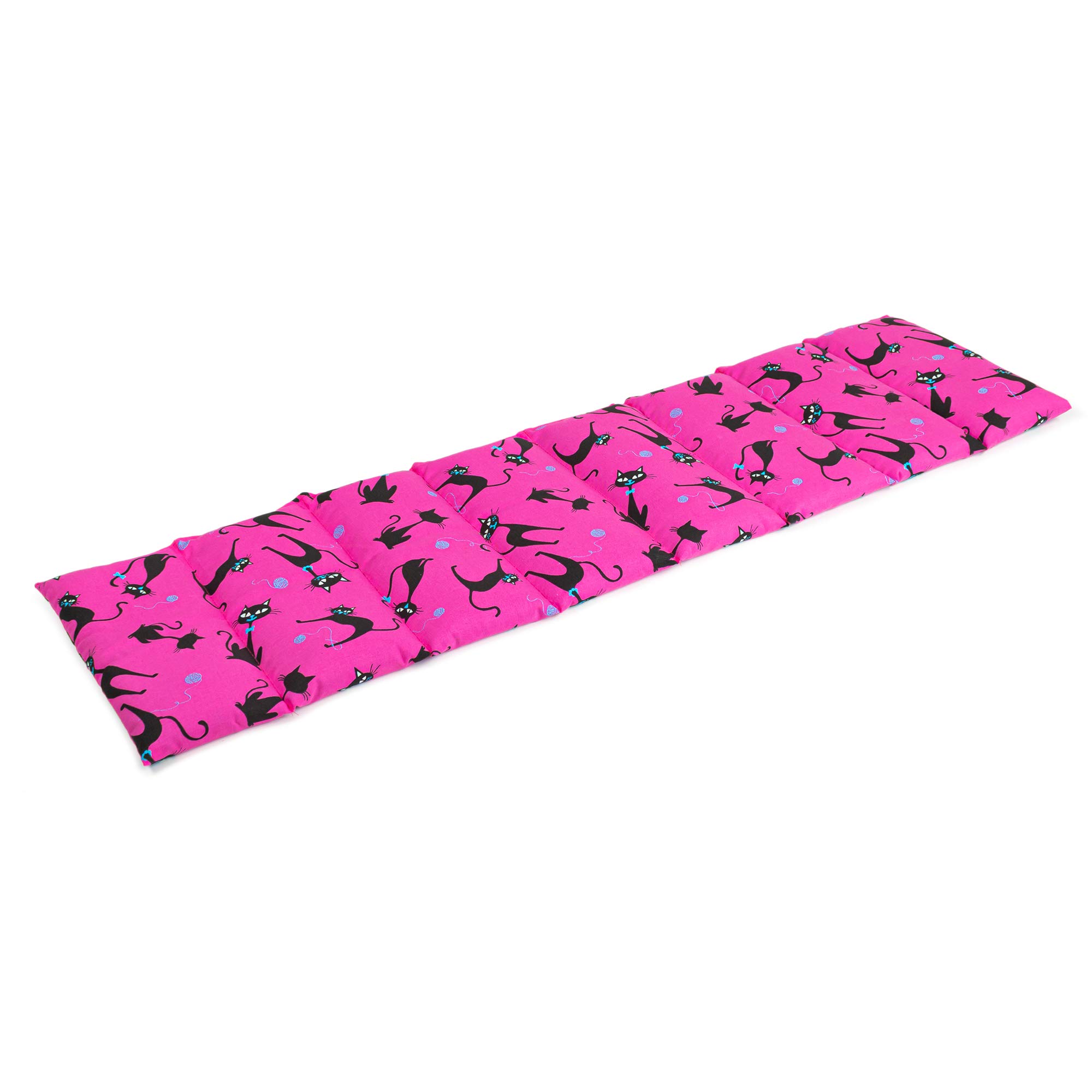 Saco térmico con pepitas de uva compartimentado en 8, 75x20cm - gato negro fondo fucsia - Almohada térmica para microondas - Calor y frío - Cojín térmico con semillas