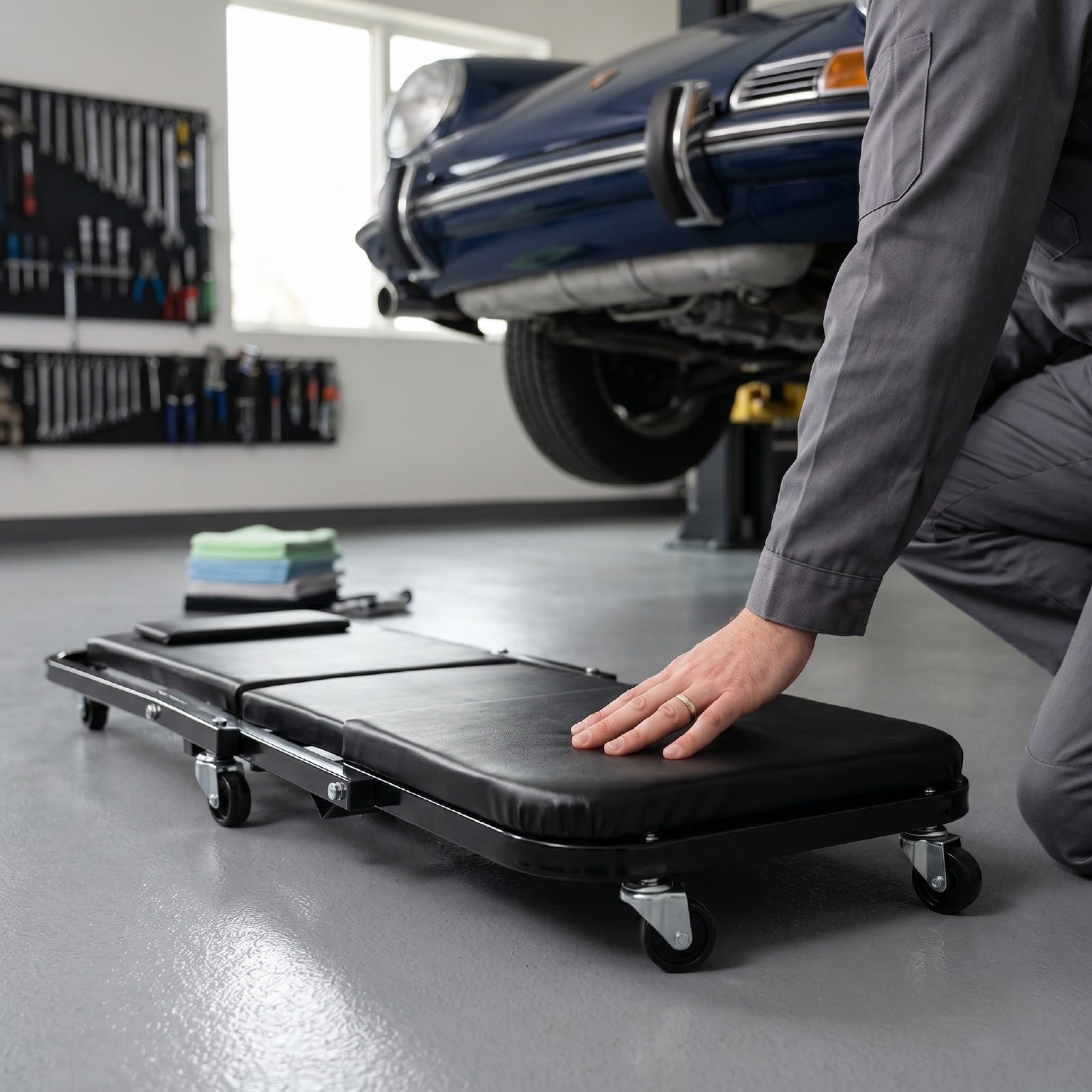 KIMISS Enredadera con Ruedas para Debajo del Automóvil Silla de Garaje con Ruedas Enredadera Mecánica Asiento 3 en 1 Plegable de Perfil bajo 6 Giratorias Respaldo del (Black)