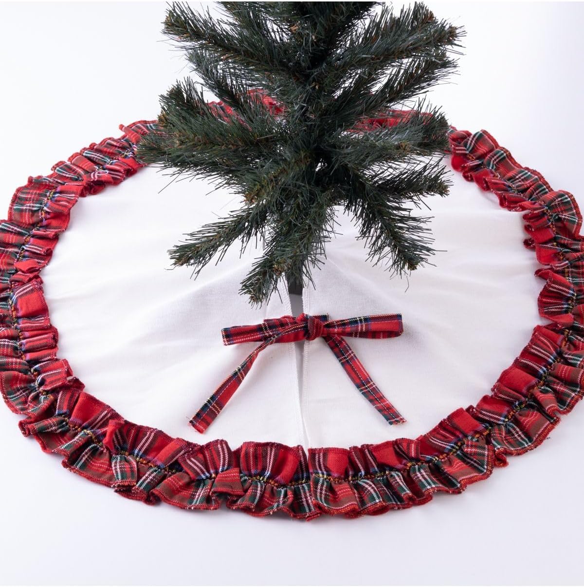 Bimotif Yılbaşı Çam Ağacı Örtüsü, Krem Overloklu Pamuklu Ekose Ve Naturel 60 Cm Karışık