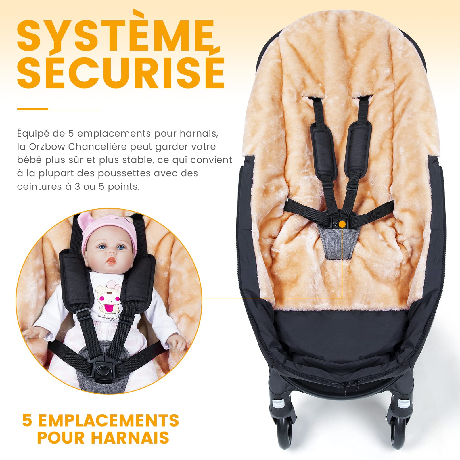 Orzbow Chanceliere Bebe Poussette, Fausse Peau d'agneau, Chanceliere Universelle pour Poussette avec Fermeture Éclair, Amovible et Imperméable, Lavable en Machine (Noir)