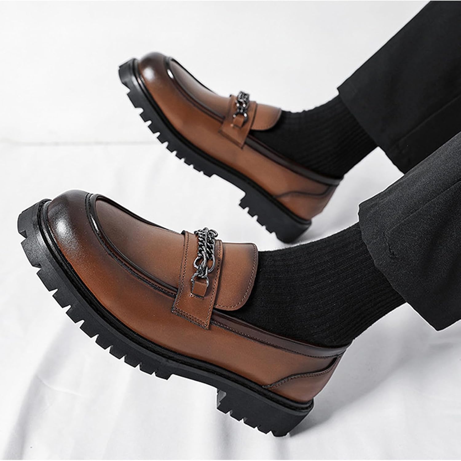 Men's Leather Platform Slip-on Penny Loafers,Classic Round Toe Lug Sole Non-Slip Business Dress Shoes,Casual Party Formal Work Shoes - Image 5