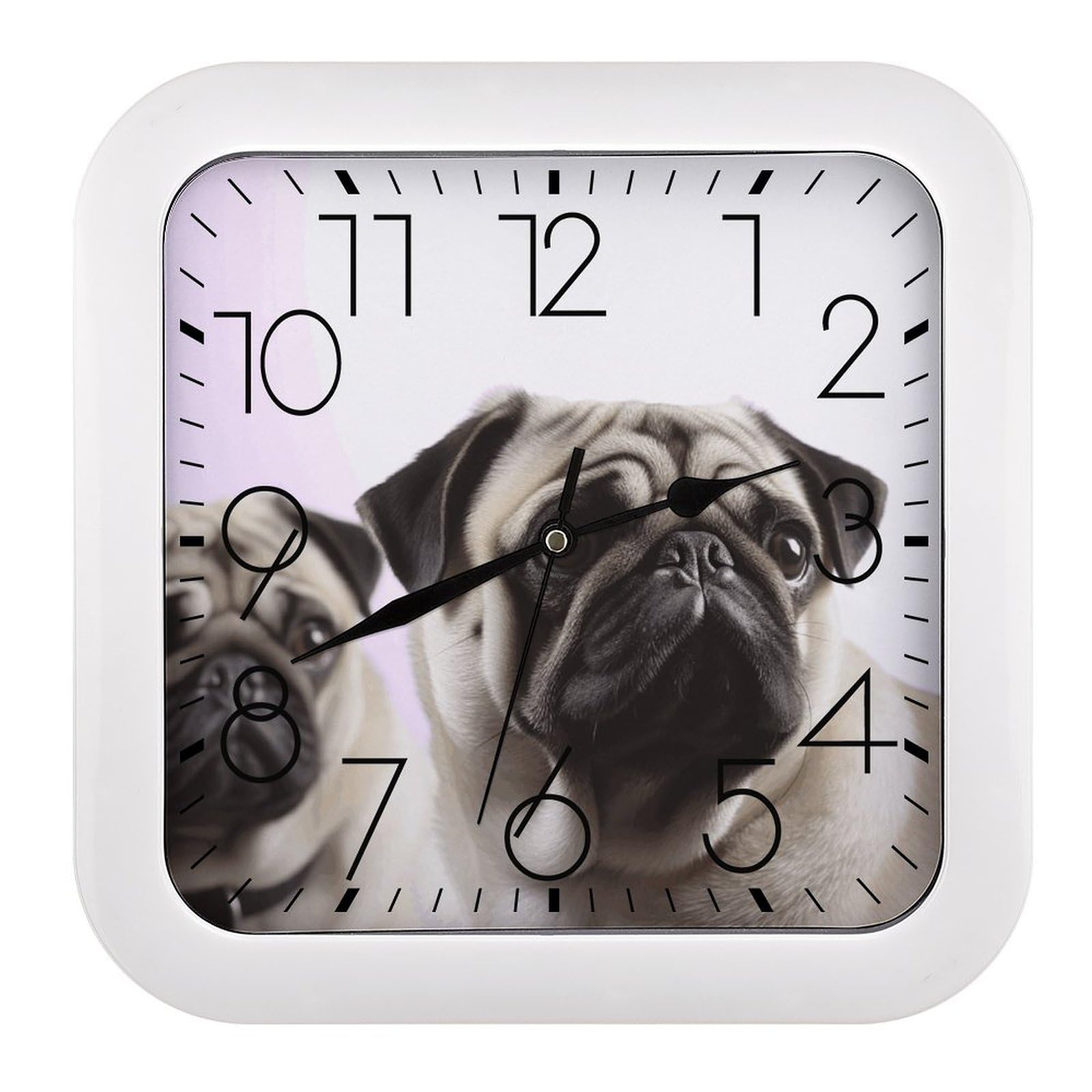 LZQPOEAS Pug Dog Square Wall Clock, 10.2 Inch Battery Operated Silent Non-Ticking Wall Clock, Square Analog Decorative Clock for Home Wall Art, Living Room, Bedroom, and Office
