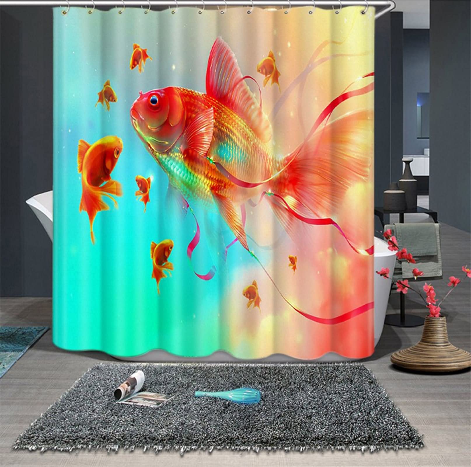 Rideau de douche japonais 200x180 cm poisson rouge imprimé 3D