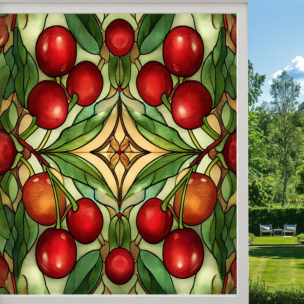 Abstract Cherry Frosted Window Film, Colored Botanical Fruit Plants Stained Glass Privacy Film, Heat Insulation Self-Adhesive Vinyl for Bathroom Office, （45x60cm）