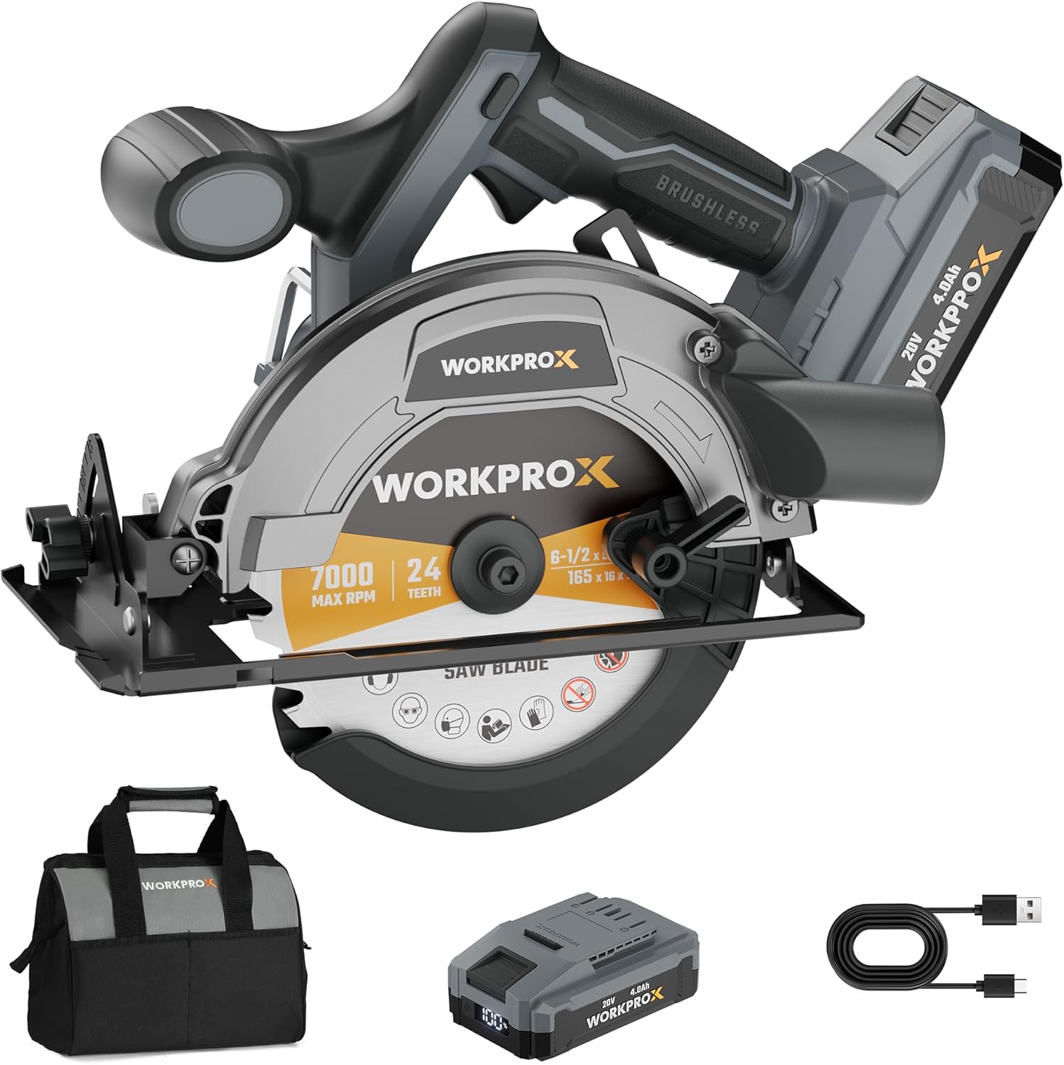 WORKPROX 20V Cordless Circular Saw, 6-1/2'' Brushless Circular Saw, 5500 RPM & Storage Bag, Max Cutting Depth 2-5/16"(90°),1-9/16" (45°) for Precise Wood & PVC Cutting