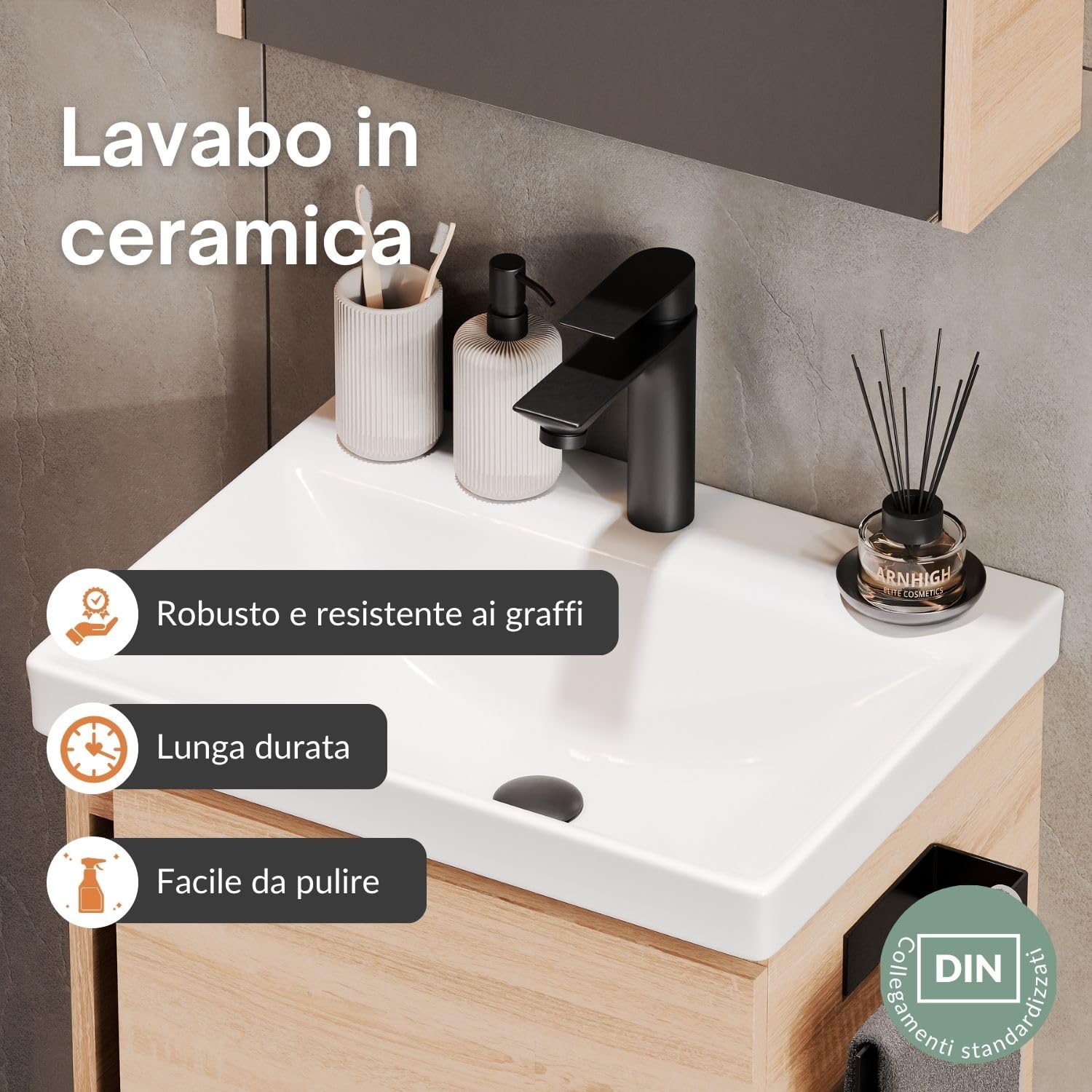 Planetmöbel Mobile sottolavabo 50 cm con specchio da bagno con illuminazione ovale, set di mobili da bagno con lavabo, sospeso, rovere Sonoma