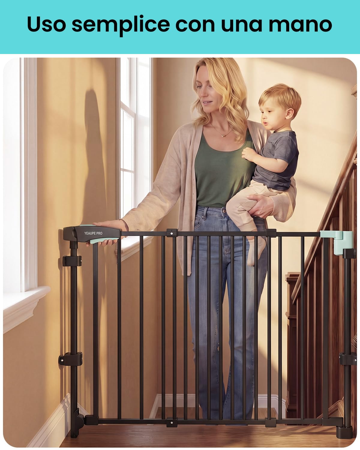 YEAUPE PRO Griglia di protezione per scale senza foratura, per bambini, 75 – 110 cm, telescopica, griglia di protezione per scale e porte, griglia di protezione per porte e cani, apertura manuale a 1