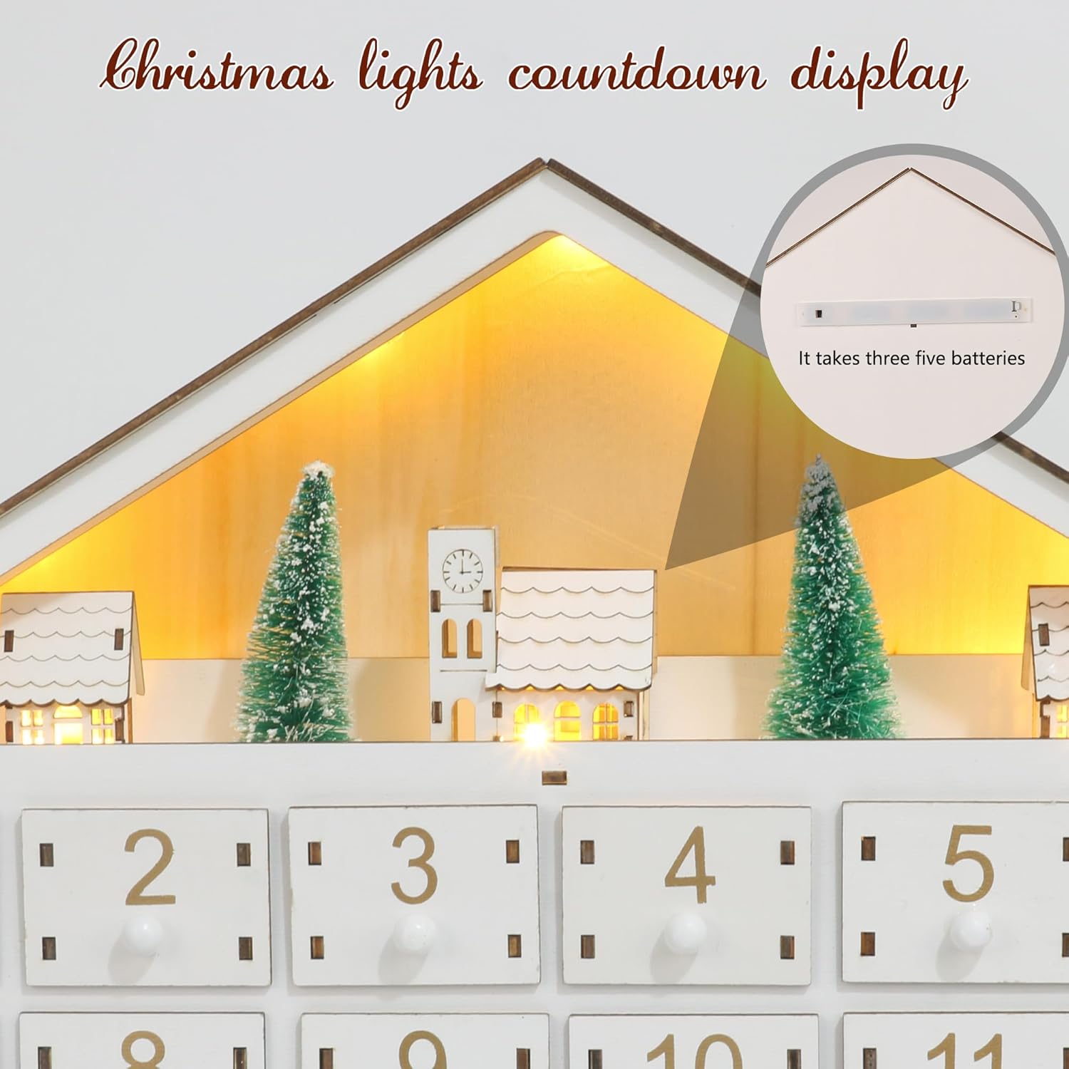BLACICO Wooden Advent Calendar with Drawers, 24 Wood Drawers, Empty Boxes to Fill, White Wooden House Countdown to Christmas Wooden LED Lighted Advent Calendar, Decorative Fold Out Wood Advent Calendar for Kids