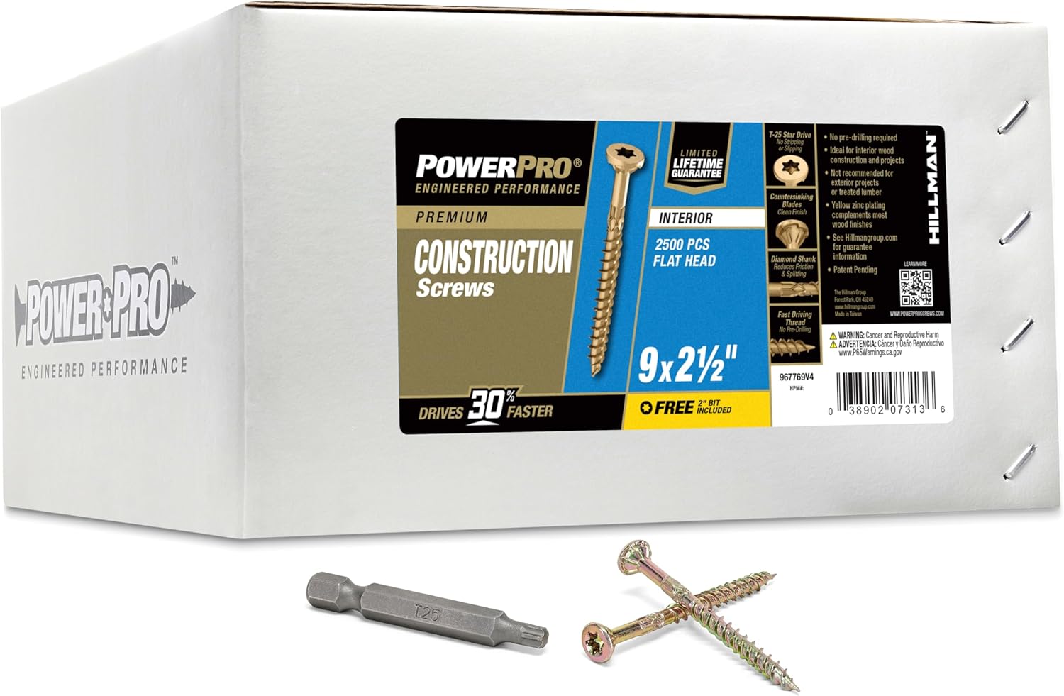 Power Pro 967769 Wood Screws, #9 x 2-1/2, Premium Star Drive Indoor Cabinet Screws, Gold Yellow Zinc, 1/4 Keg, 2500 pcs