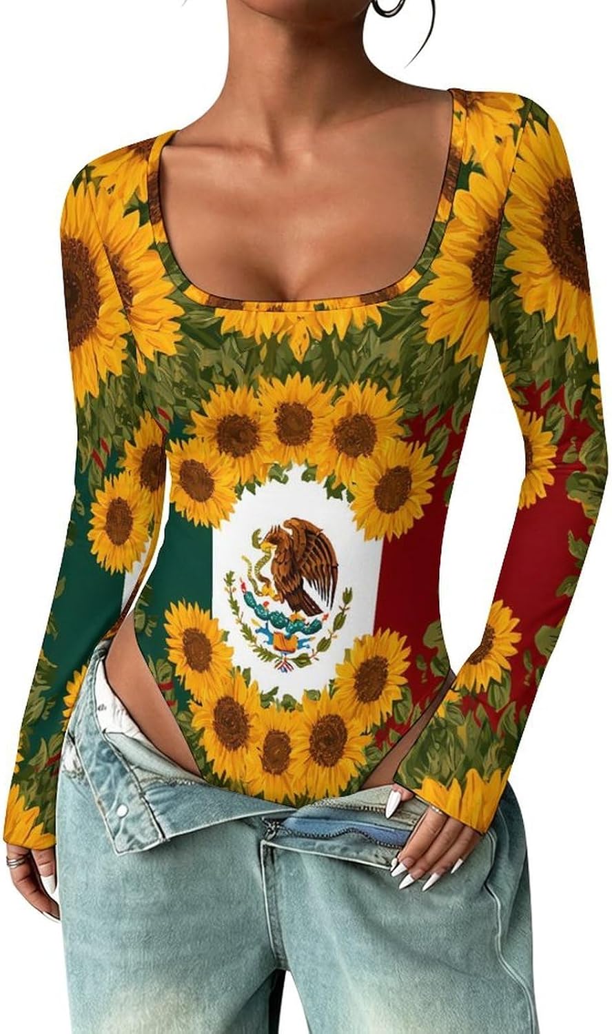 Mexican Flag Sunflowers Print Women's Bodysuits Long Sleeve Top 5XL
