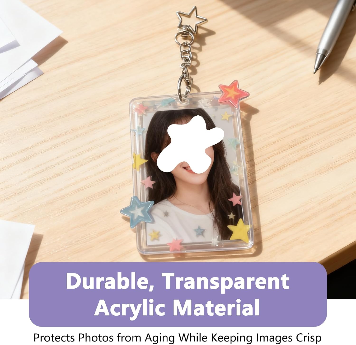 Star Photo Card Holder Keychain 3 Inch Acrylic Photocard PC Holder Cute Photocards Holders with Star Pendant for Idol Card Photo Album and Collectible Photocard Storage Accessories