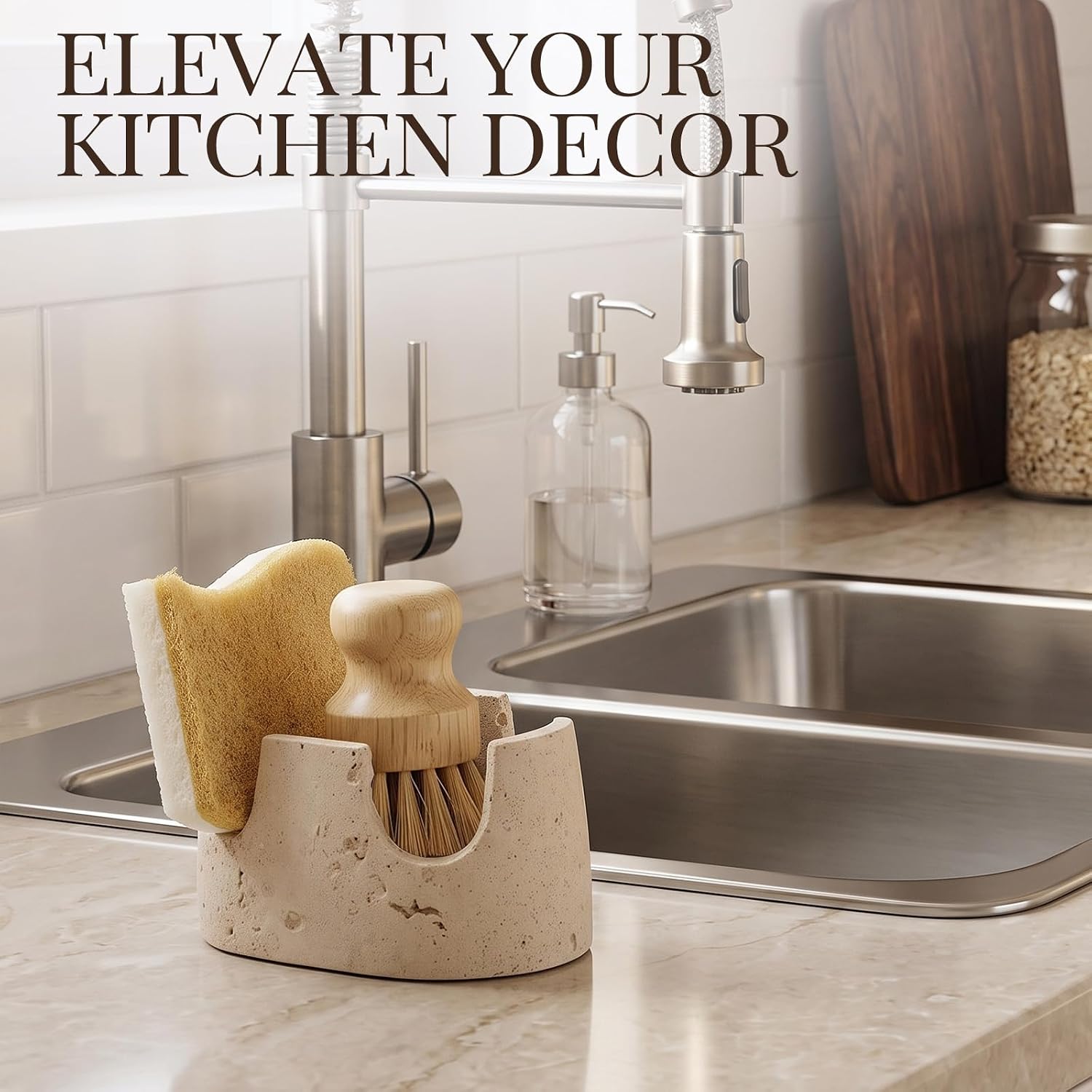 Natural Travertine Sponge Holder, 2-slot Beige Stone Sink Caddy image 5