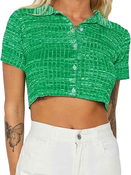 Women Crop Top Knitted Short Sleeve Button Down Tee Shirts Crop Tunic Cardigan Y2k Aesthetic 90s 