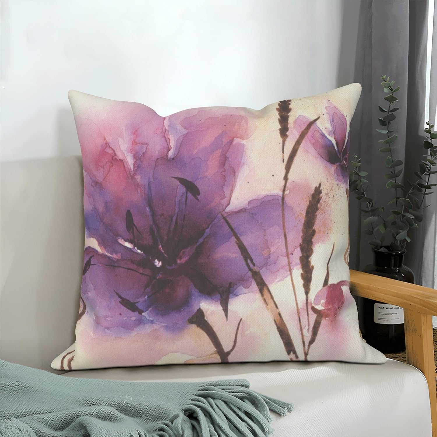 4 Pcs/Set Flowers Pillow Covers Purple Floral Watercolor Abstract Gradient Color Green Leaves Natural Plants Linen Throw Pillow Covers for Outdoor Couch Sofa Farmhouse Decor, 20"x20"