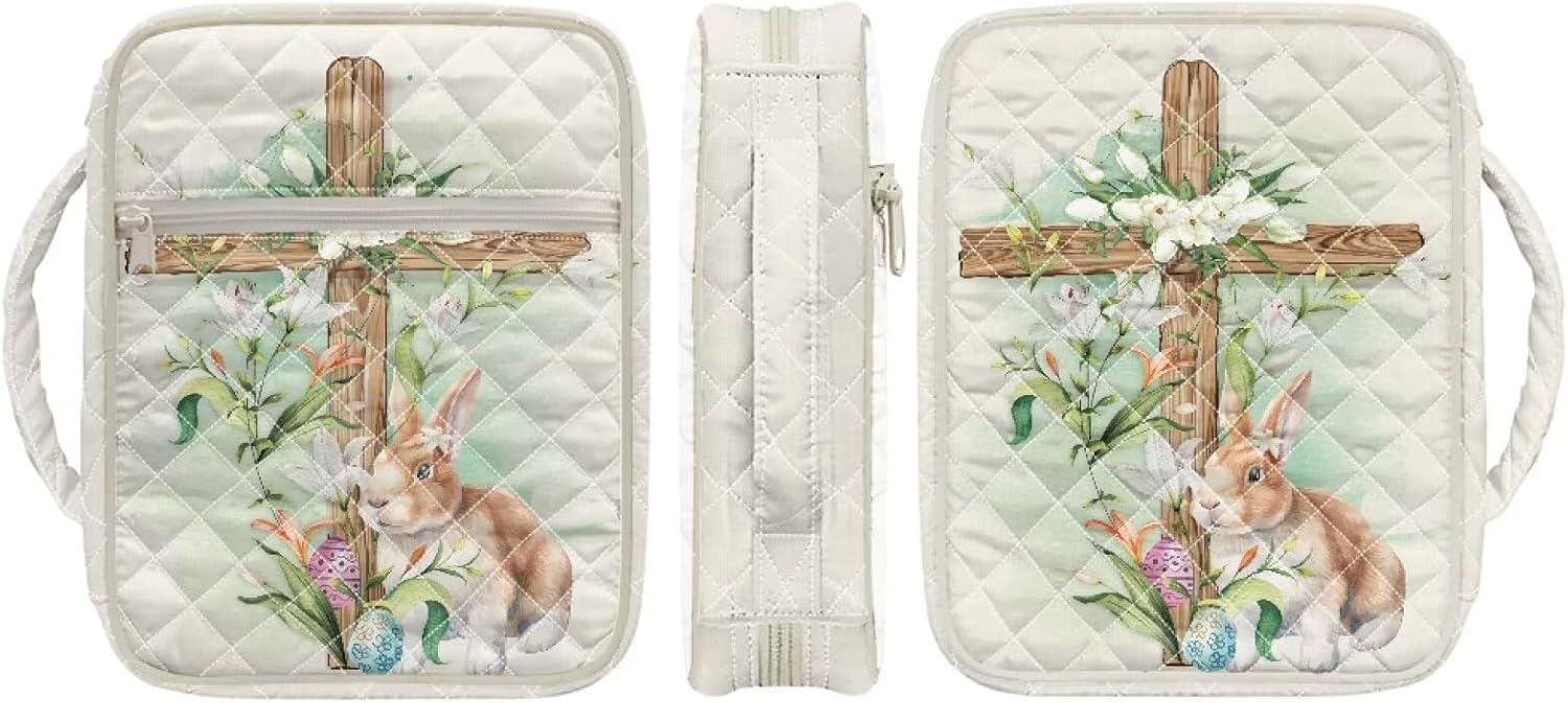 Lily Flower Bunny Cross Bible Cover Case for Women Large Quilted Carrying Case with Handle, Laminated Bible Book Tabs and Magnetic Bookmark