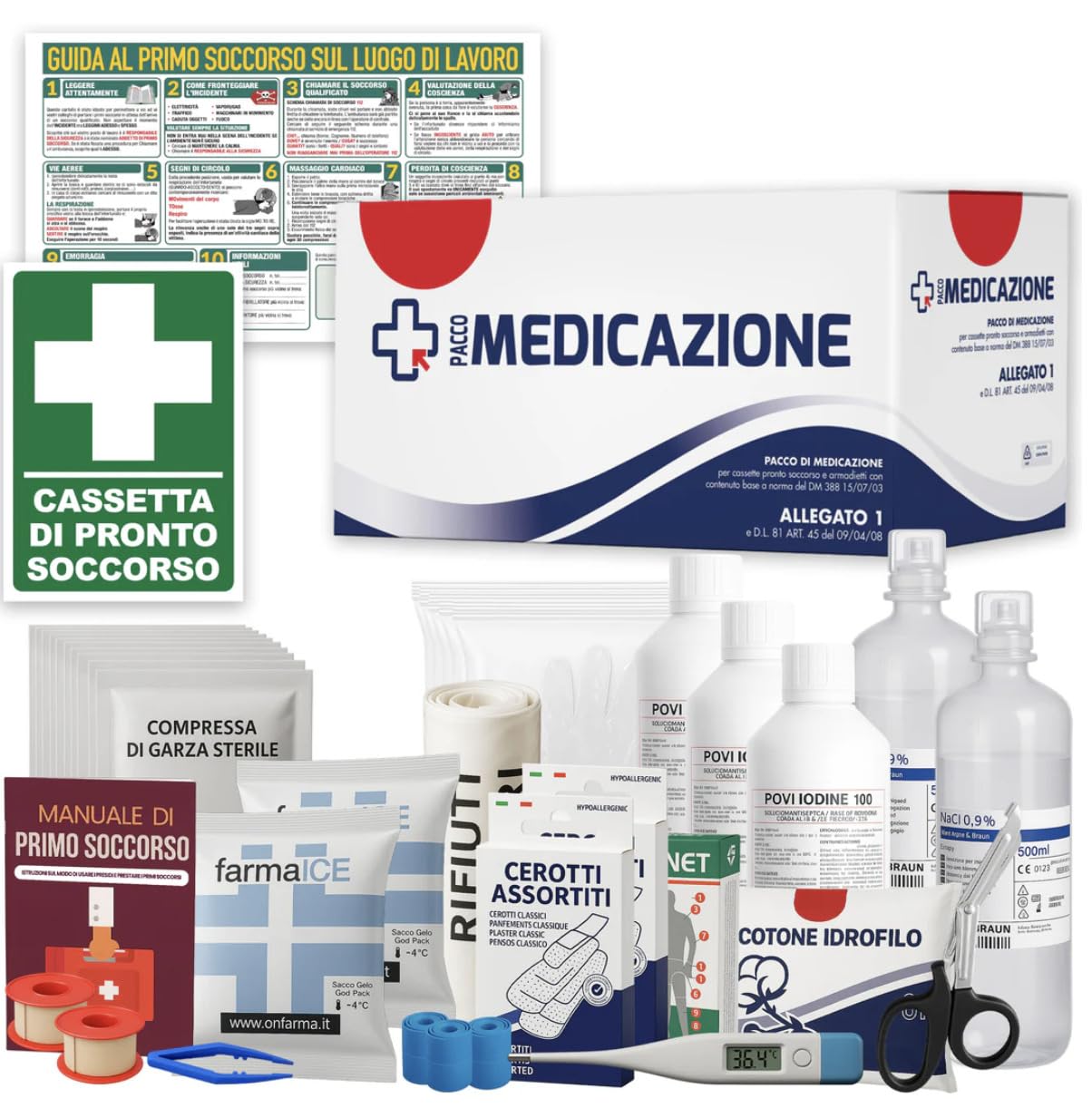 ONFARMA KIT DI REINTEGRO COMPLETO DI CARTELLO PRIMO SOCCORSO ricambio per cassetta medica pacco di medicazione SENZA MISURATORE DI PRESSIONE per aziende con 3 o più lavoratori D.M. 388 all.1