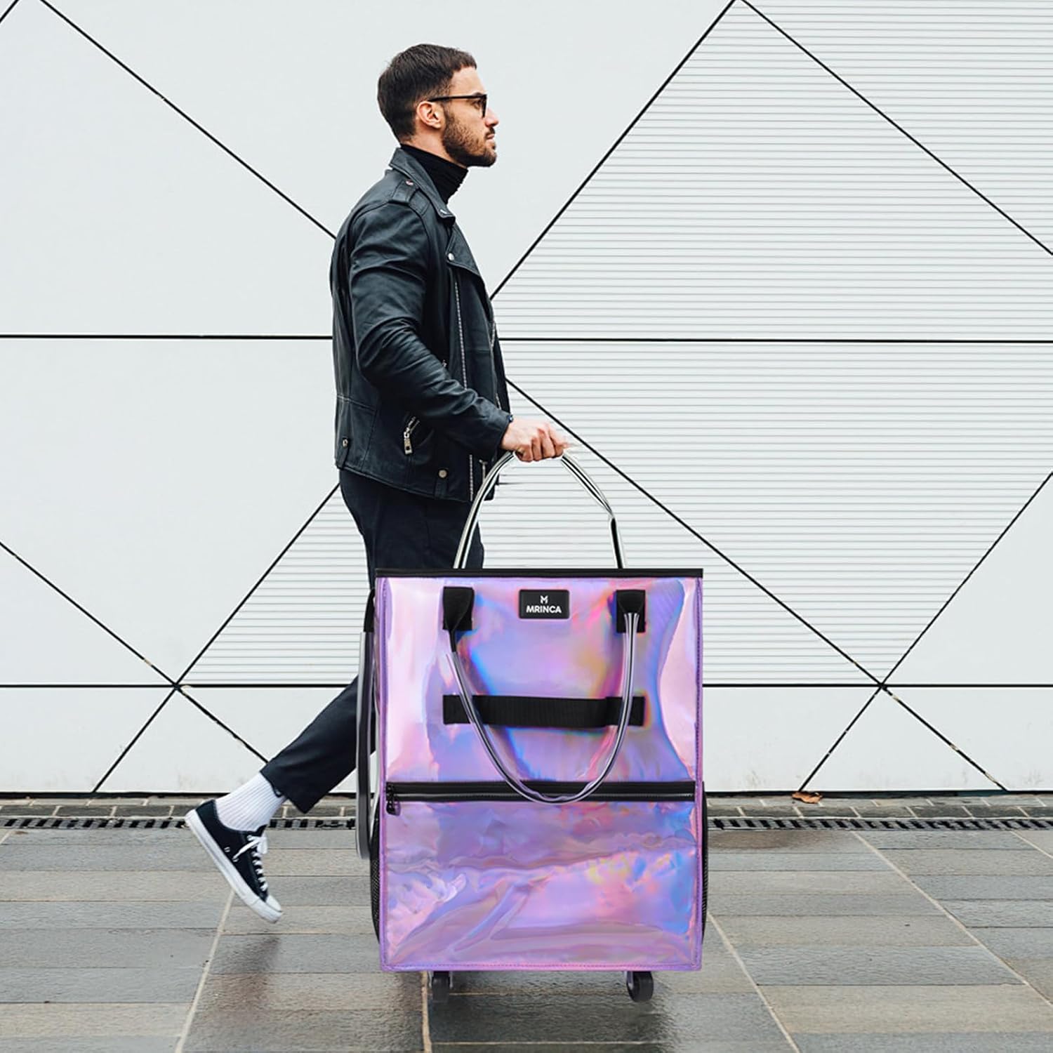 Reusable Grocery Bag on Wheels, Foldable Rolling Shopping Tote Bag, Water-Resistant Material, Zipper Top, Heavy Duty Handle, Lightweight, Strong Carrying Capacity, Medium, Gradient Purple