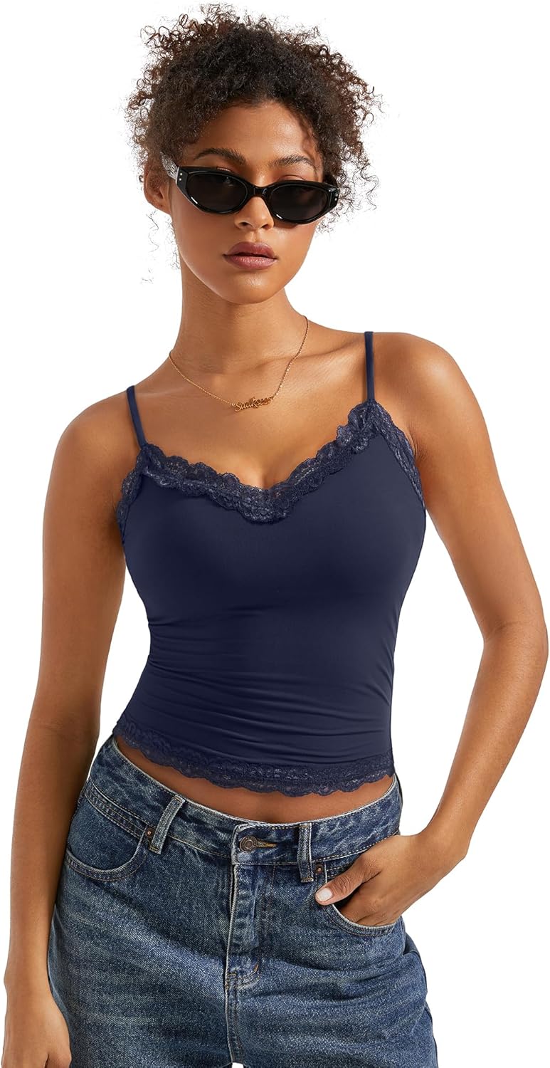 SUUKSESS Women Padded Lace Double Lined Tank Tops Sexy V Neck Summer Going Out Top