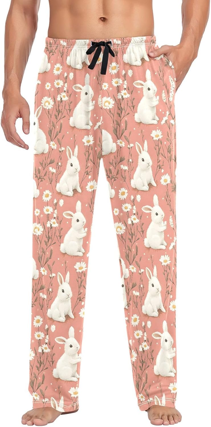 Men Pajama Pants White Rabbits and Daisy Pattern Lounge Comfortable Relaxed Sleepwear Bottom