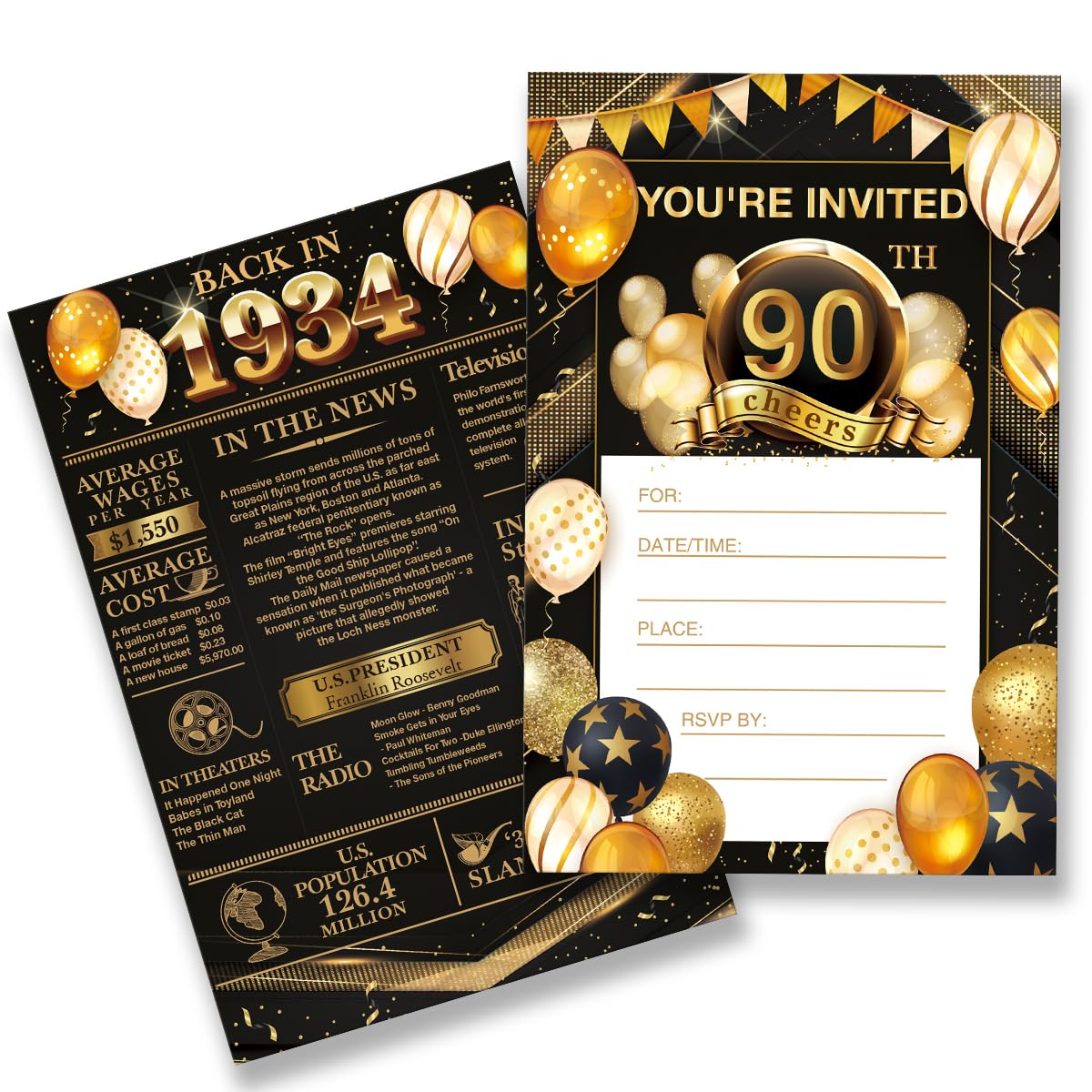 EUDOSI 90th Birthday Party Invitations - Back in 1934 Invites Black and Gold 90 Year Old Birthday Invitations Set for Bday Anniversary (20 Invitations and Envelopes)