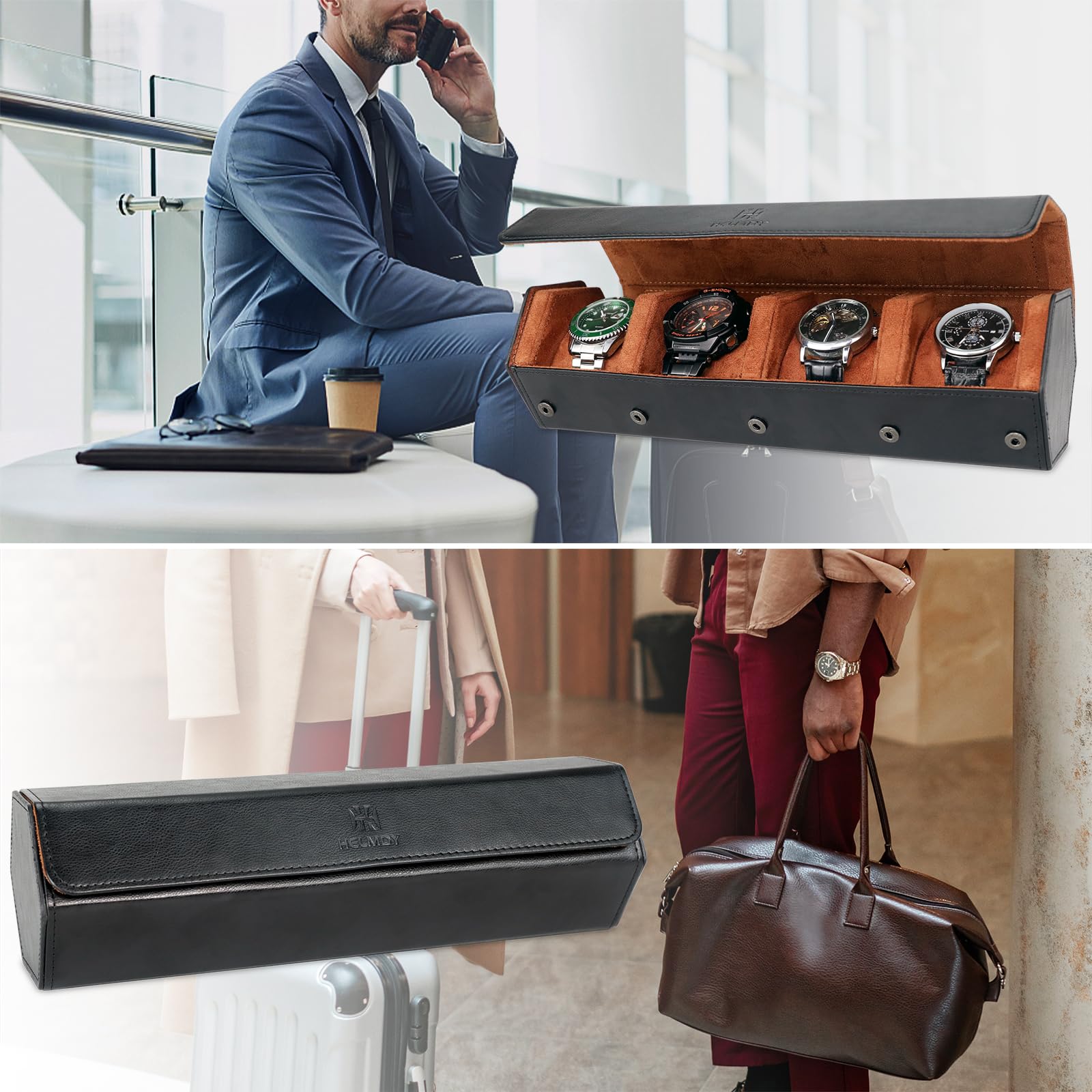 Porta Orologi Uomo 4 Posti, Scatola Porta Orologi Uomo 4 Posti, da Viaggio in Pelle PU, Portatile Scatola per, Donna (Nero/Marrone)