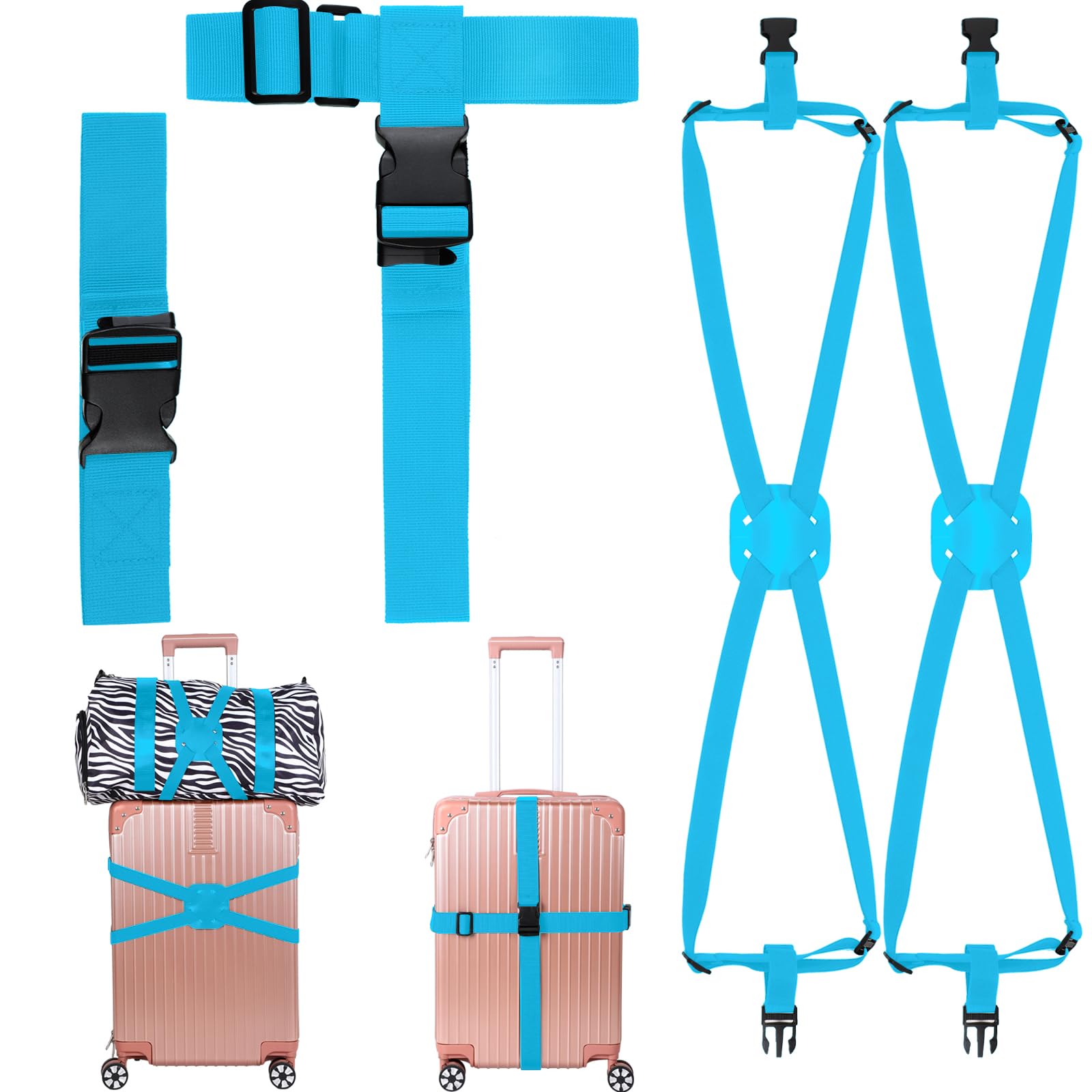 4 Pack Luggage Straps Set, 2 Add a Bag Luggage Suitcase Straps 2 Elastic Adjustable Luggage Straps, TSA Approved Travel Accessories with Buckles for Baggage Handbag Connecting (Blue, Medium)