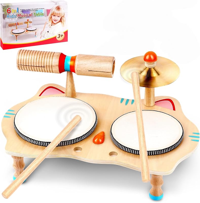 Kids Drum Set, 8-in-1 Wooden Musical Instrument Table | Montessori music toy with drums, cymbal & tone block; FSC wood and cat design for toddlers 1-3, home, classroom and gifts.